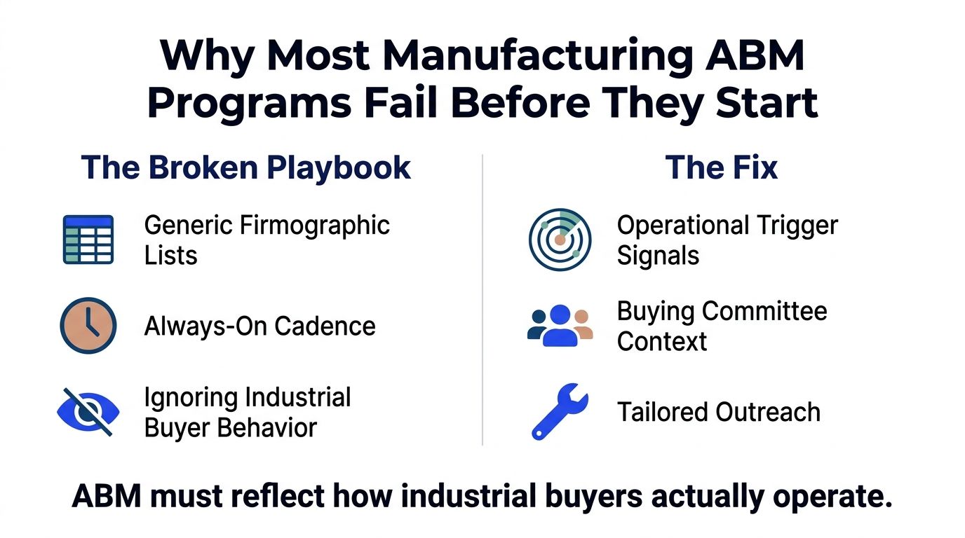 A diagram comparing the broken playbook versus the effective fix for manufacturing account based marketing programs.