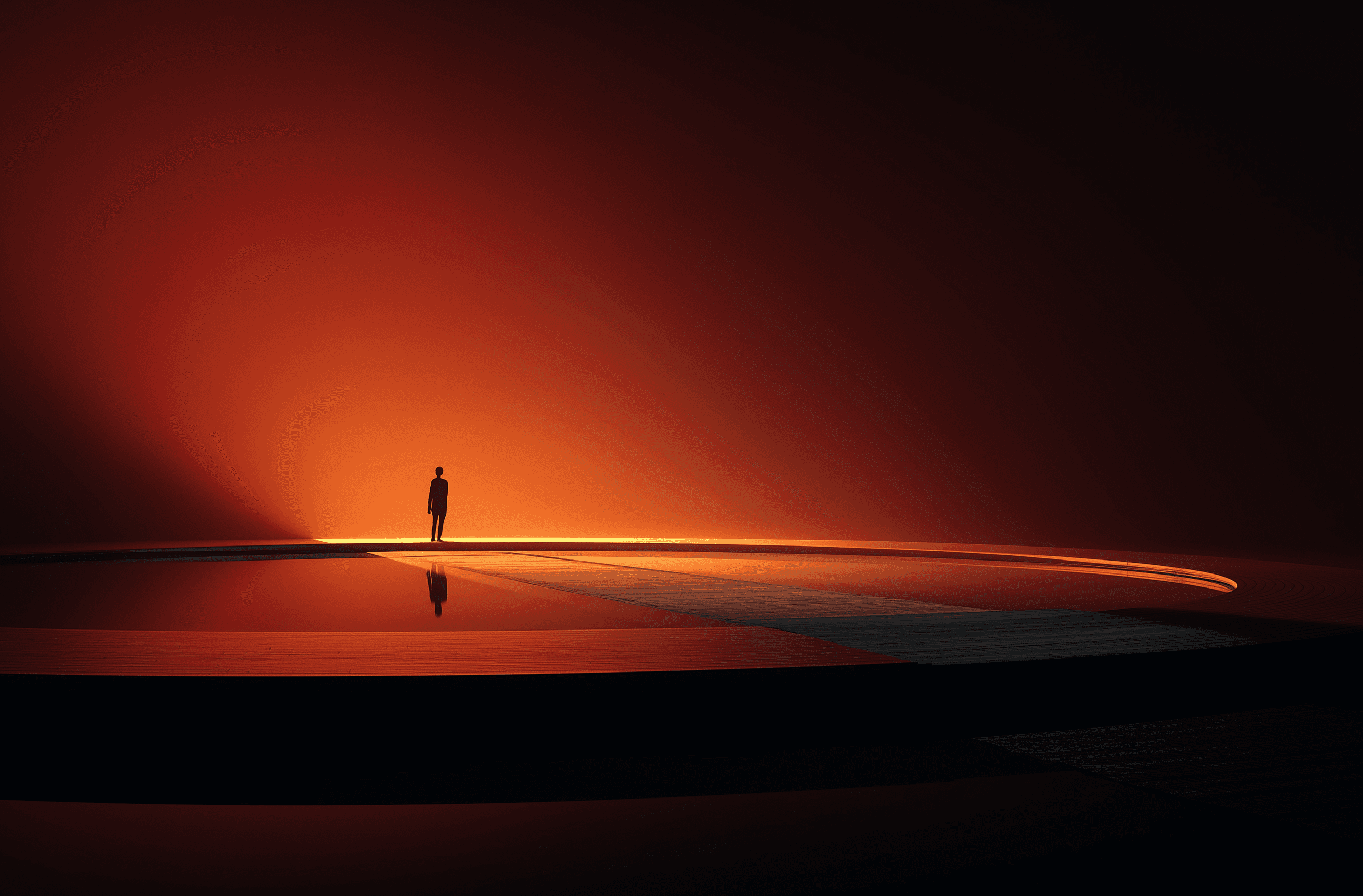 Person standing alone on a curved illuminated platform with warm orange light and dark minimal background.