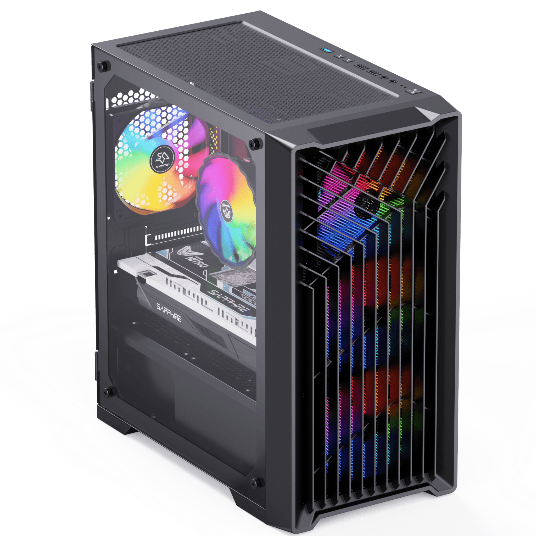 This image features a top-tier gaming PC with a robust build, showcasing an open case design for enhanced visual appeal and performance monitoring. The case has a translucent side panel offering a clear view of the internal components, which are illuminated by multicolored RGB lights, adding to the aesthetic value. The front panel is equipped with a colorful and vibrant vertical bar design, projecting a spectrum of light that emphasizes the machine's high-end capabilities for gaming, video processing, and machine learning tasks. This setup includes a powerful GPU and is ideal for gamers and tech enthusiasts looking for peak performance and style in their gaming setup for 2023.