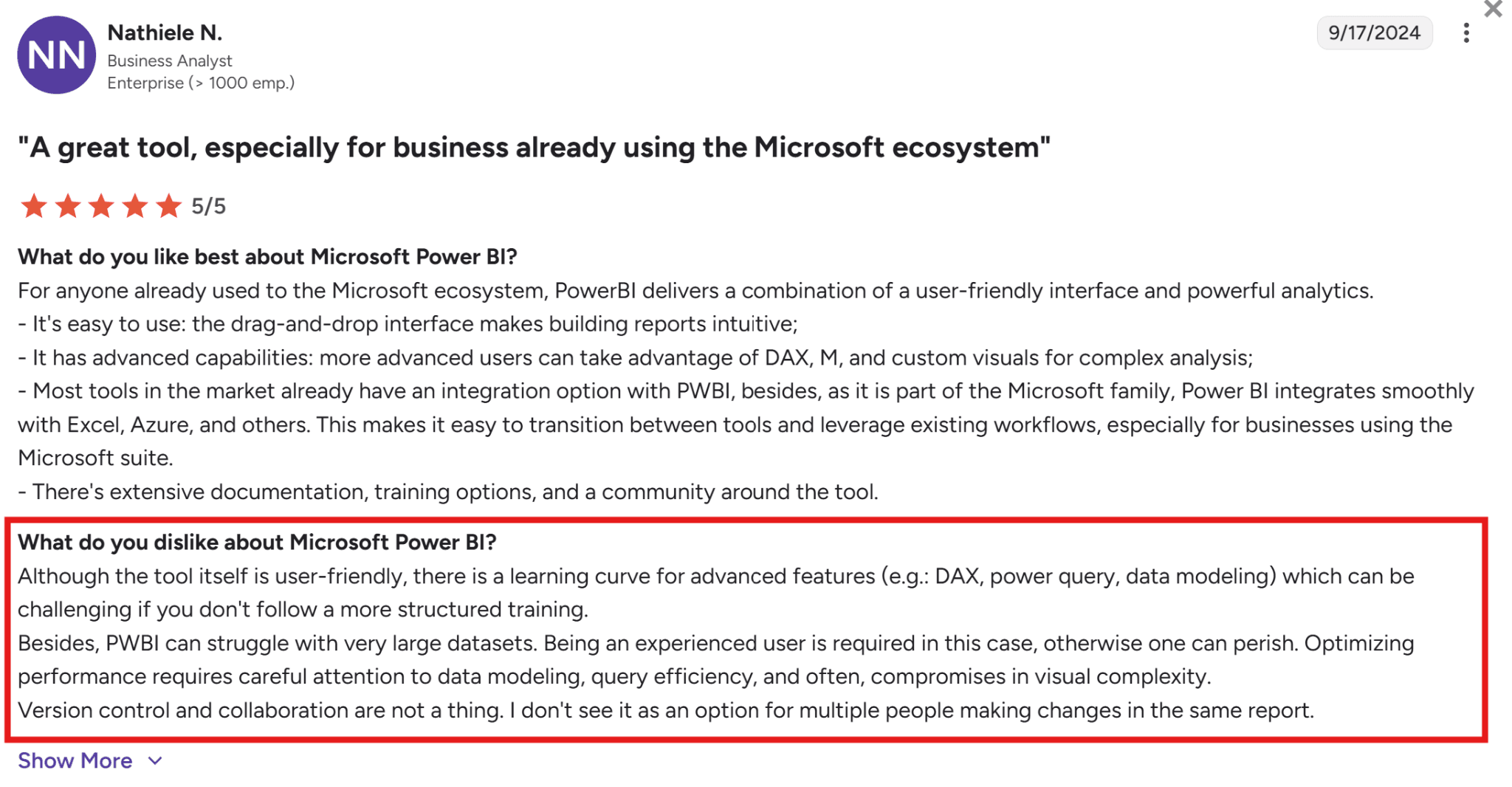 G2 review highighting complaint about PowerBI usability, learning cerve, and inability to handle very large datasets