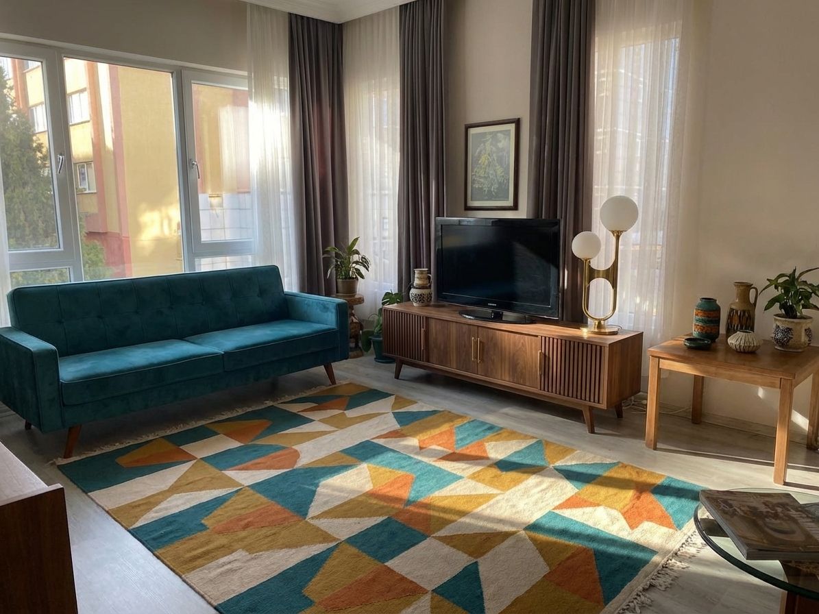 Mid-century modern living room with teal sofa and walnut furniture by AI