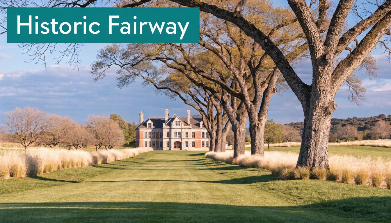 A picturesque historic stone manor house framed by large trees at the end of a green fairway.