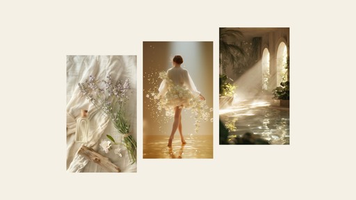 Triptyque d'images sur un fond crème. À gauche, un flacon et un bouquet de fleurs séchées. Au centre, une femme de dos portant une robe faite de pétales blancs. À droite, un intérieur avec un bassin d'eau baigné de lumière et de plantes.