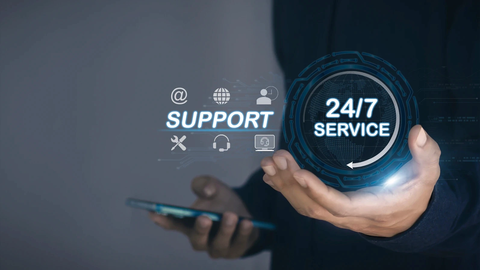 24-7 service, online store concept After-sales service in 24-7 online service with round the clock access to full-time global customer service.