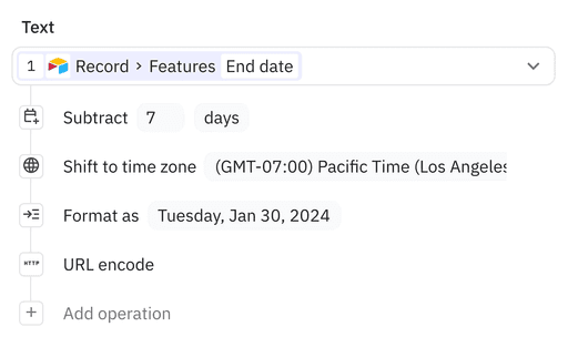 Transforming Airtable end date by offsetting, shifting time zone, and formatting
