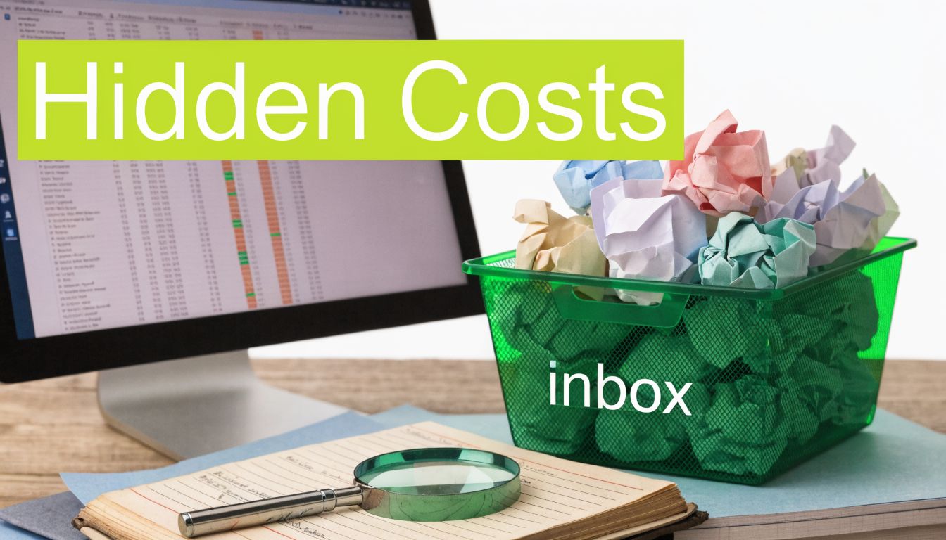 A computer screen with financial data behind a green bin filled with crumpled papers labeled inbox.