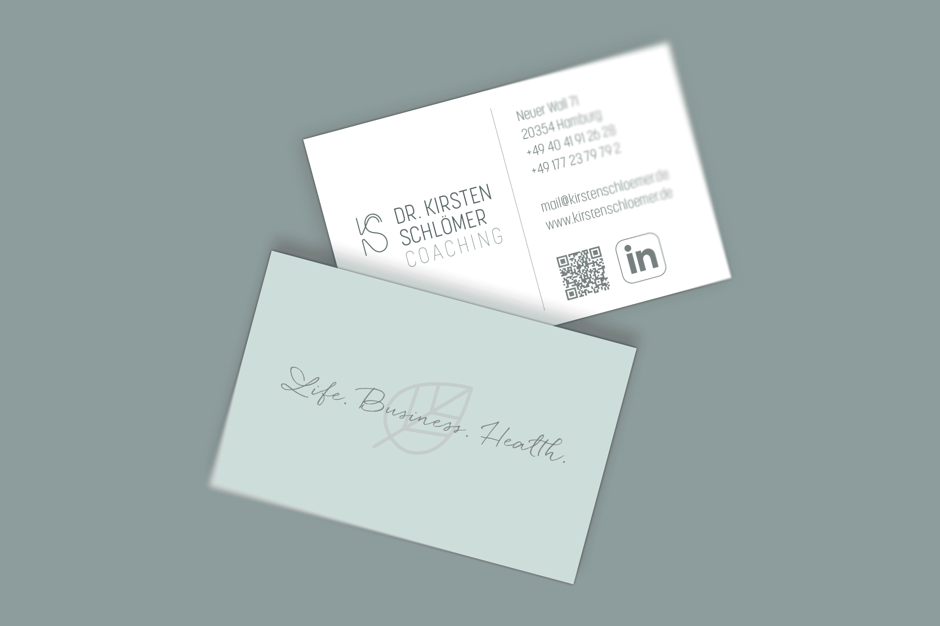 Business cards: Dr. Kirsten Schlömer Coaching & Life, Business, Health.