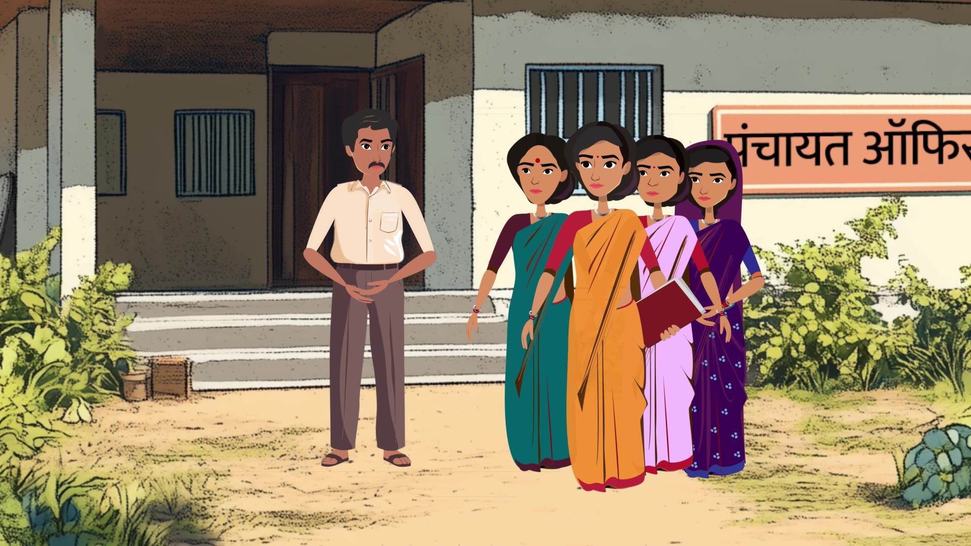 Animated scene showing women in a village discussing livelihood opportunities and government work programmes.
