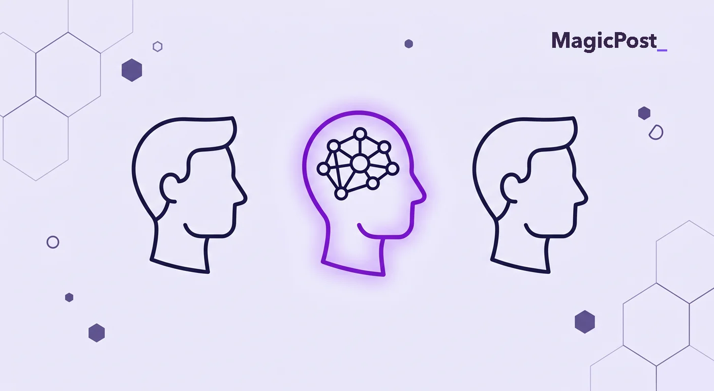 An illustration of a head with interconnected nodes, symbolizing the thought process of LinkedIn thought leadership creators