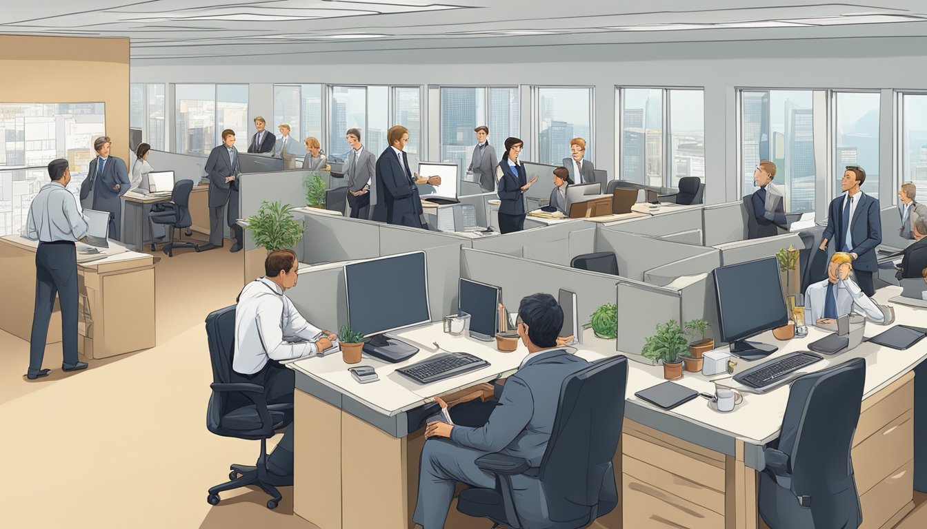 Diese Illustration fängt die Zusammenarbeit und das Netzwerken innerhalb eines White-Collar-Teams ein. Beobachten Sie, wie Fachkräfte in einem offenen, modern gestalteten Büro innovative Lösungen entwickeln und gemeinsam Erfolge erzielen.