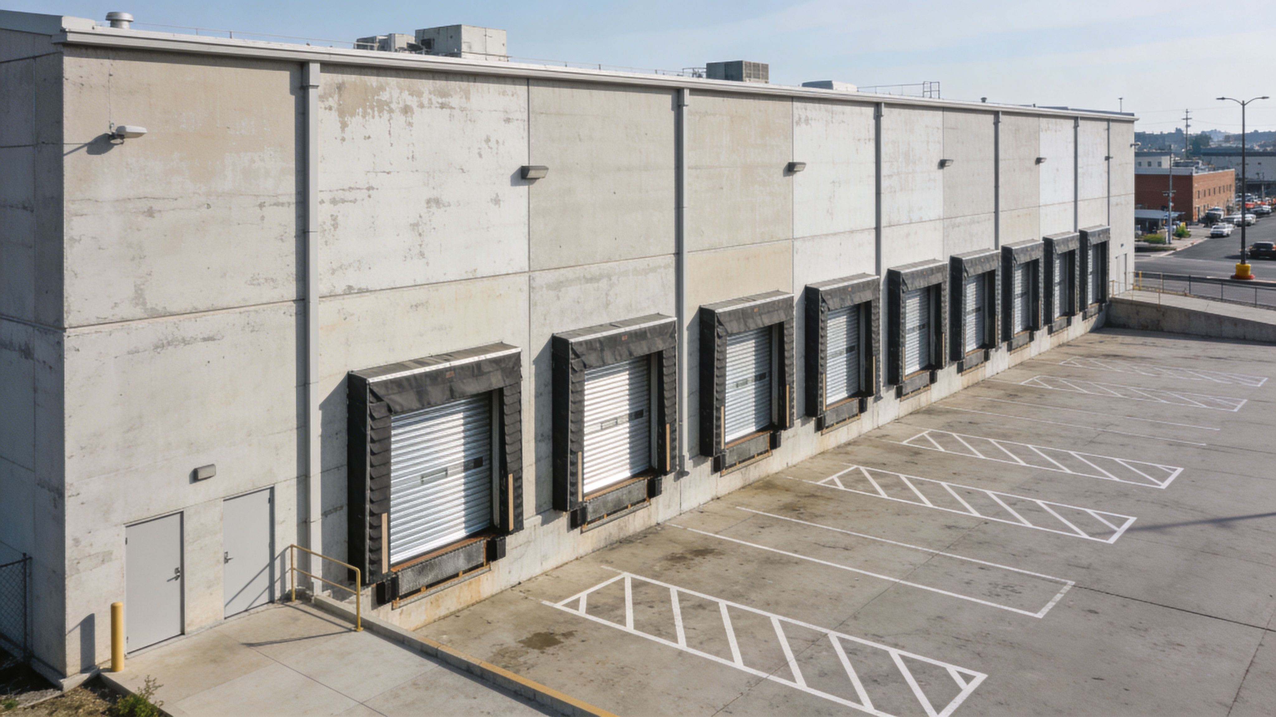Exterior view of warehouse loading bays with multiple dock doors and marked parking areas