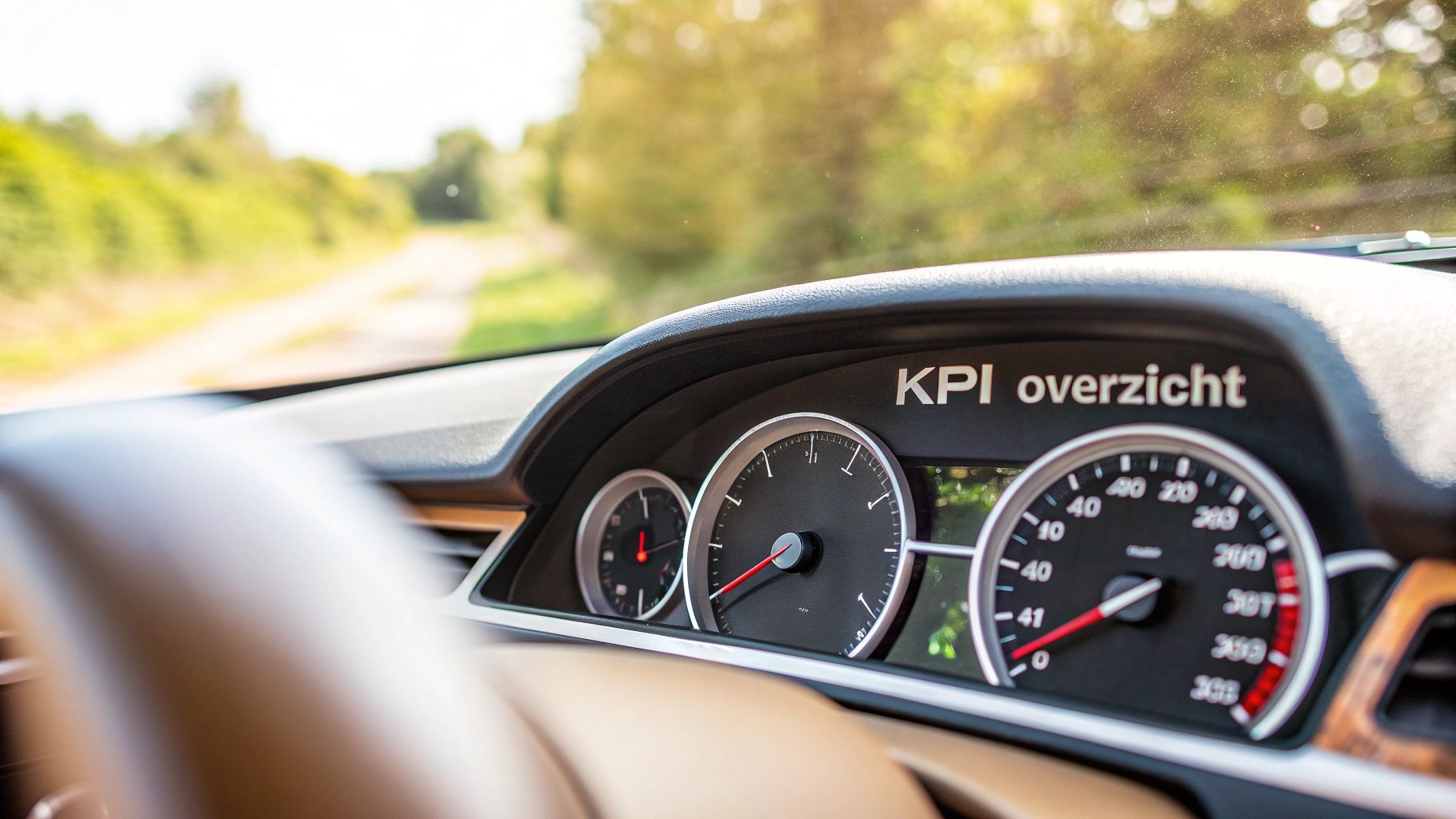 Dashboard van een auto met 'KPI overzicht' en meters, rijdend op een landweg met bomen.