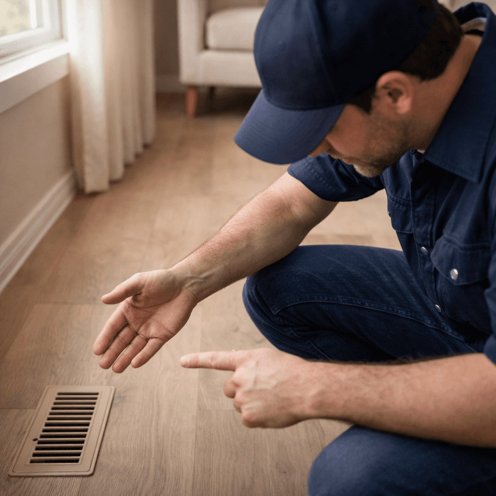 heat pump outdoor inspection, technician replacing furnace filter, thermostat adjustment close up, family warm living room winter, homeowner with HVAC technician outside