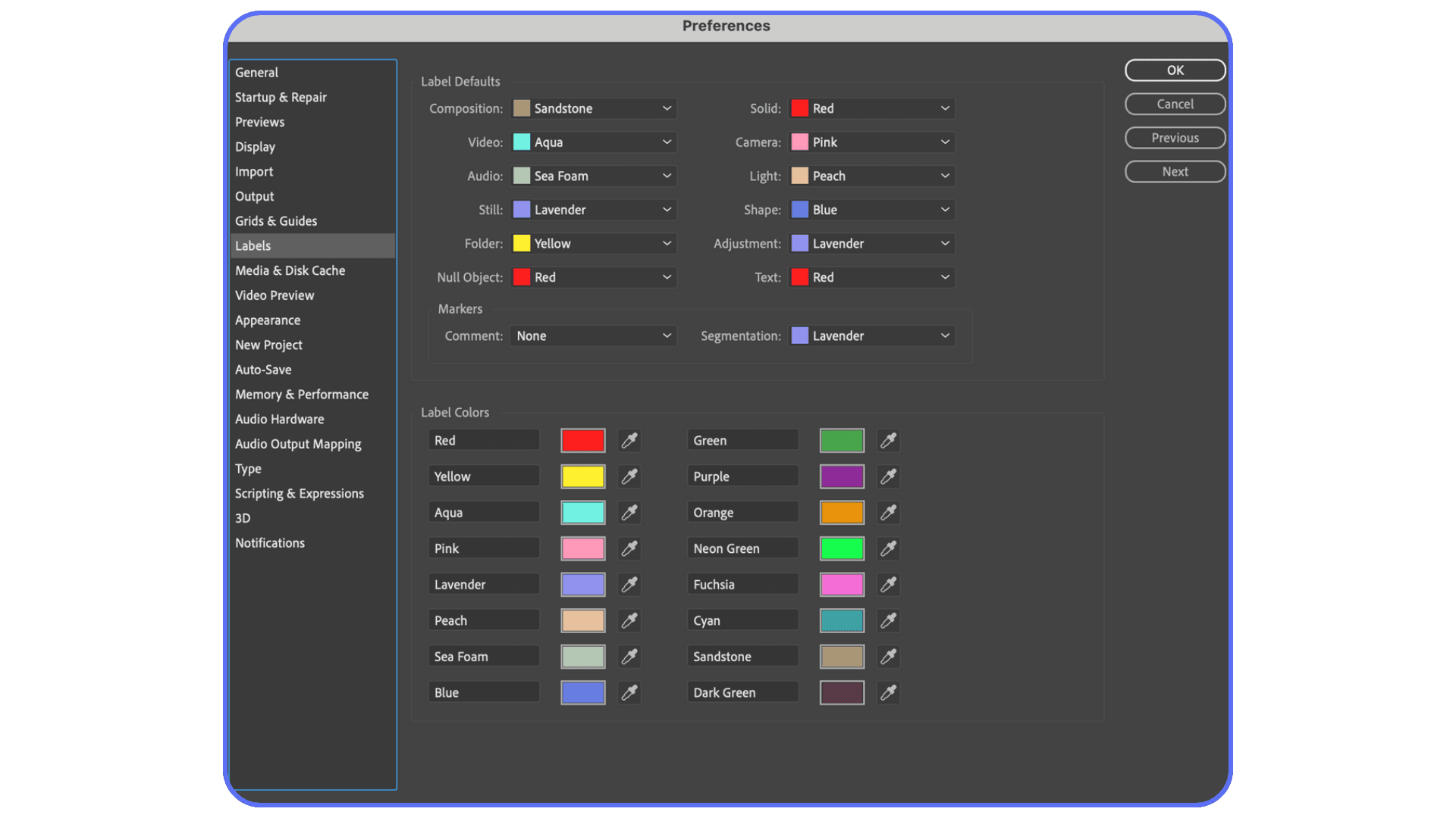 After Effects preferences window showing custom label colors for layers, footage, and folders