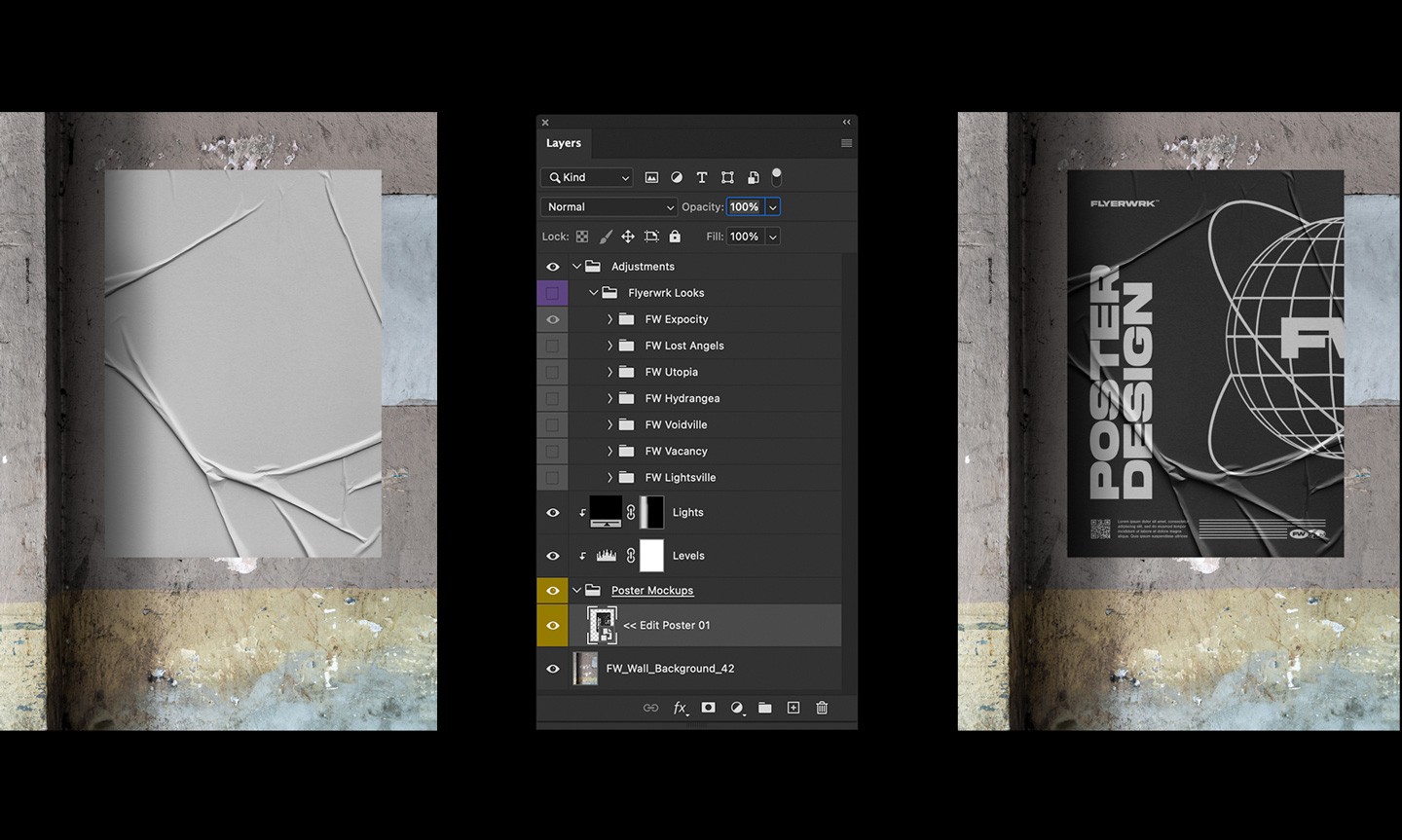 Urban poster wall mockup smart object editing shown inside Photoshop layers panel