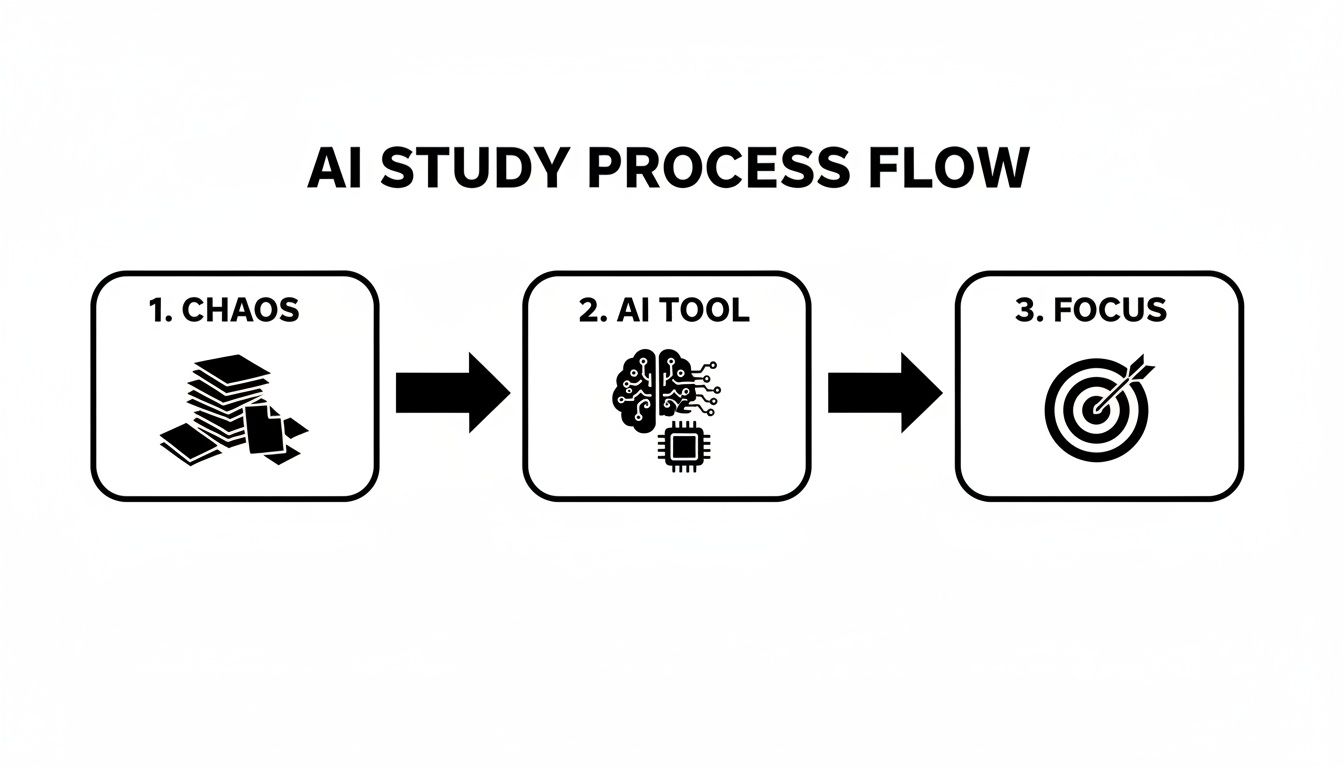 AI study process flow: Step 1 Chaos (books), Step 2 AI Tool (brain chip), Step 3 Focus (target).