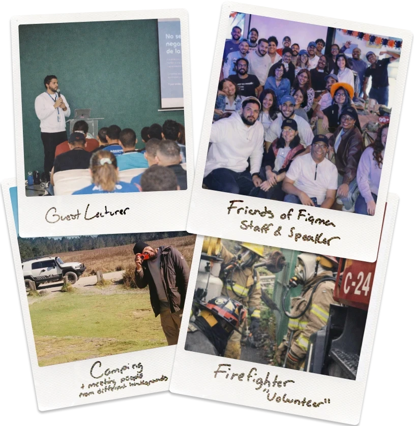 Polaroid-style photos showing the person with friends and others in casual, social settings, capturing candid moments and interactions.