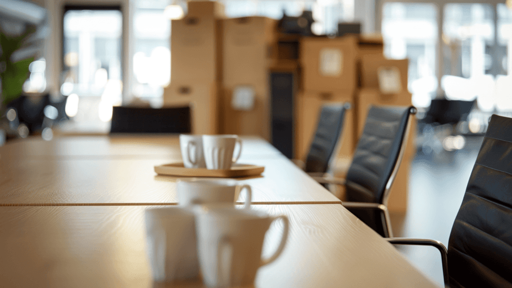 Empty conference room with coffee cups on a table and chairs around it. Cardboard boxes are in the background