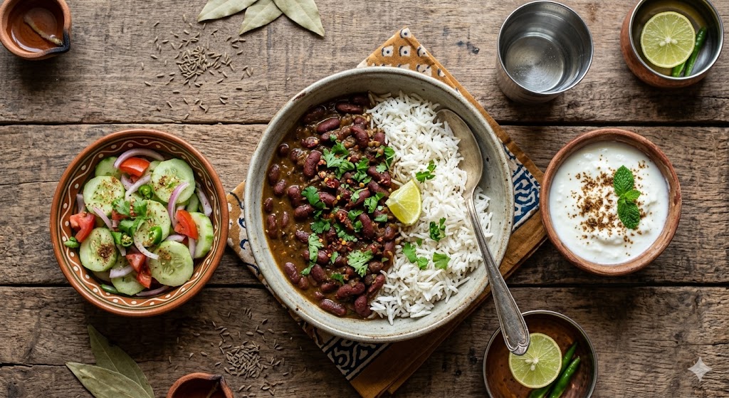 A overhead shot of a healthy Indian homemade meal featuring a bowl of rajma chawal (red kidney bean curry and rice) with fresh coriander garnish. It is served on a rustic wooden table with sides of cucumber salad and spiced yogurt (curd), natural lighting.