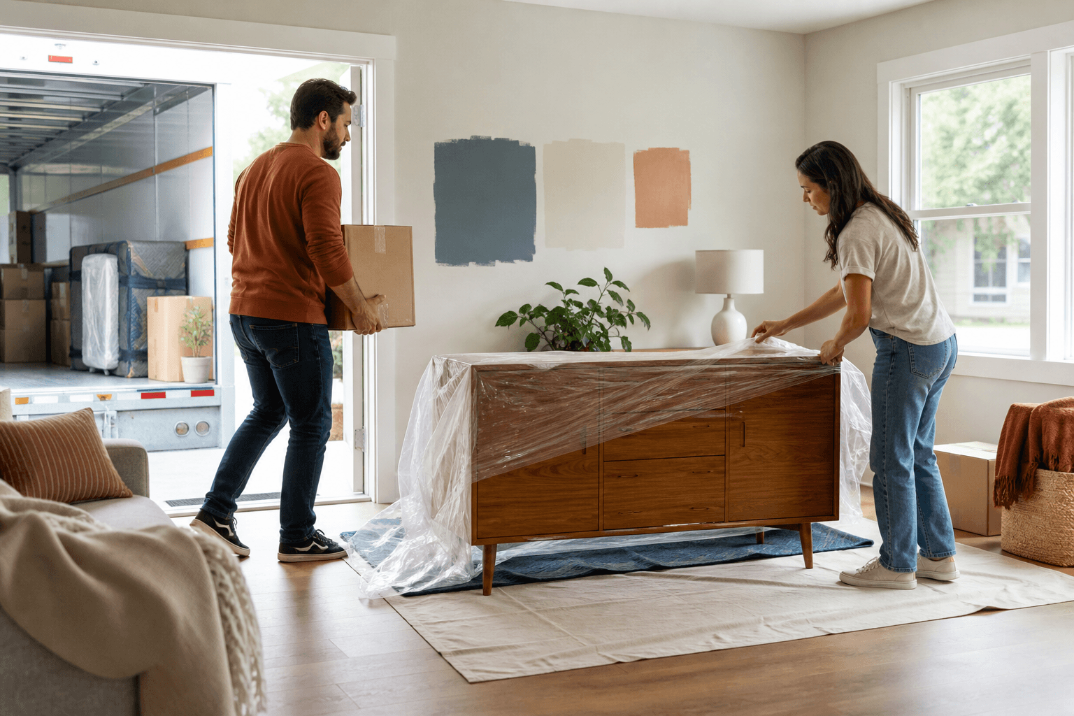 Homeowner storing wrapped furniture and moving boxes during a renovation