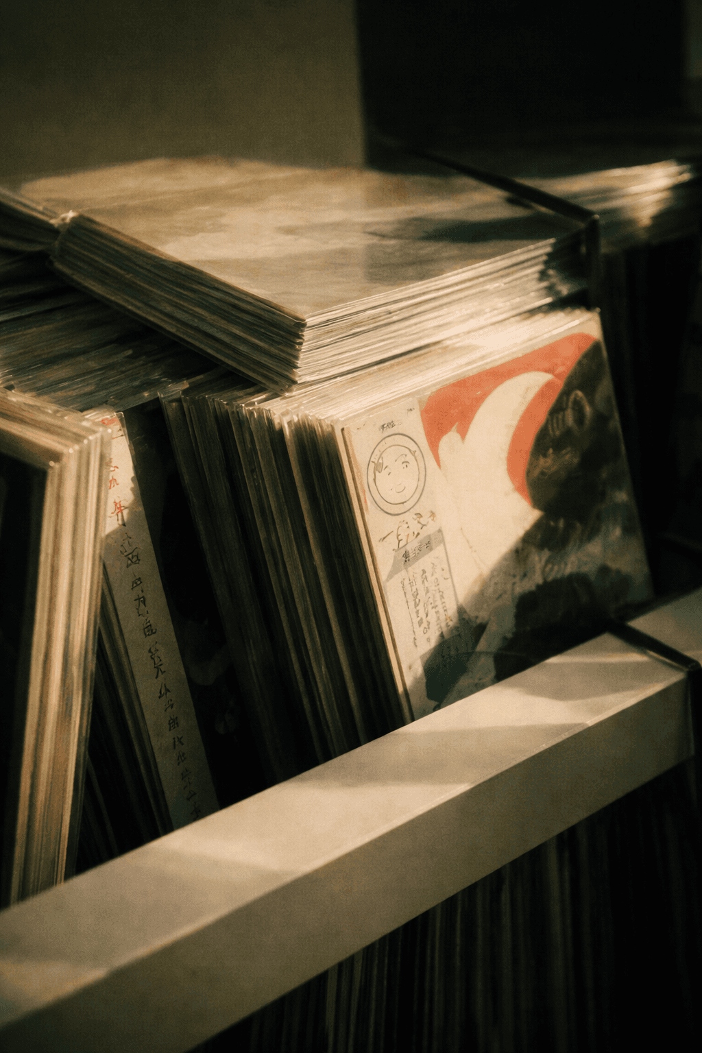 Close-up of vinyl records stored upright in a shelf with warm, nostalgic lighting.
