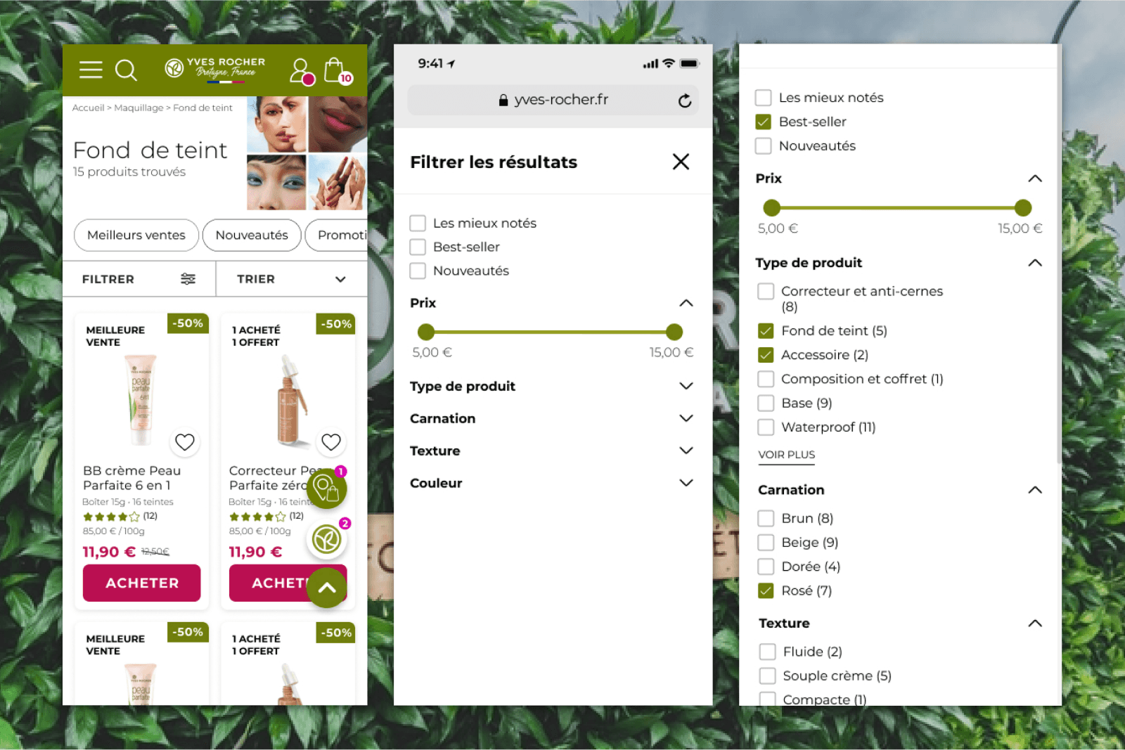 Refonte du catalogue mobile Yves Rocher avec filtres avancés par prix, type de produit, carnation et texture