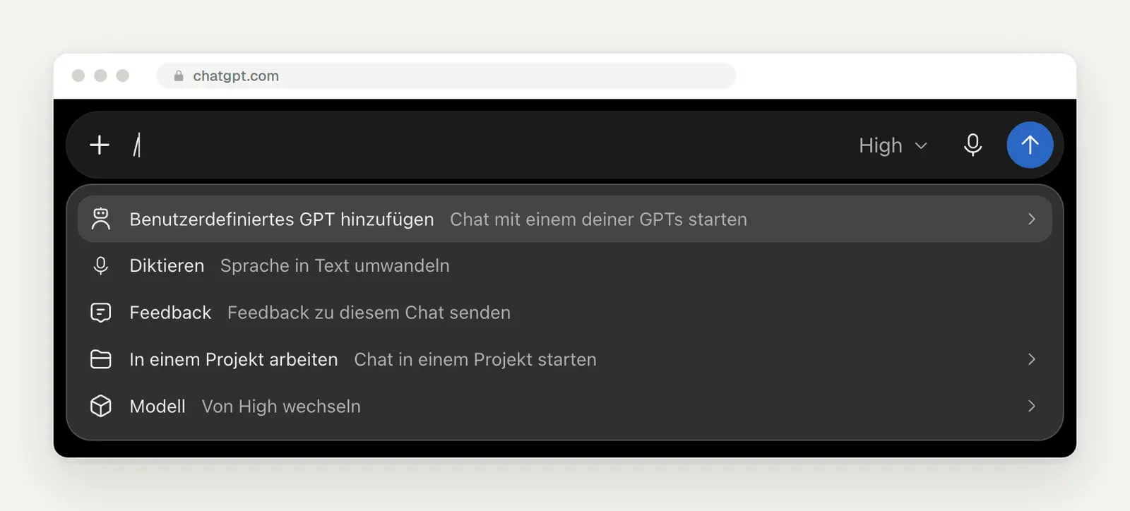 Schrägstrich-Menü im ChatGPT-Chat mit GPT starten, Diktieren, Feedback, Projekt und Modell