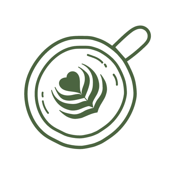A simple line drawing of a coffee cup viewed from above showing latte art with a heart design