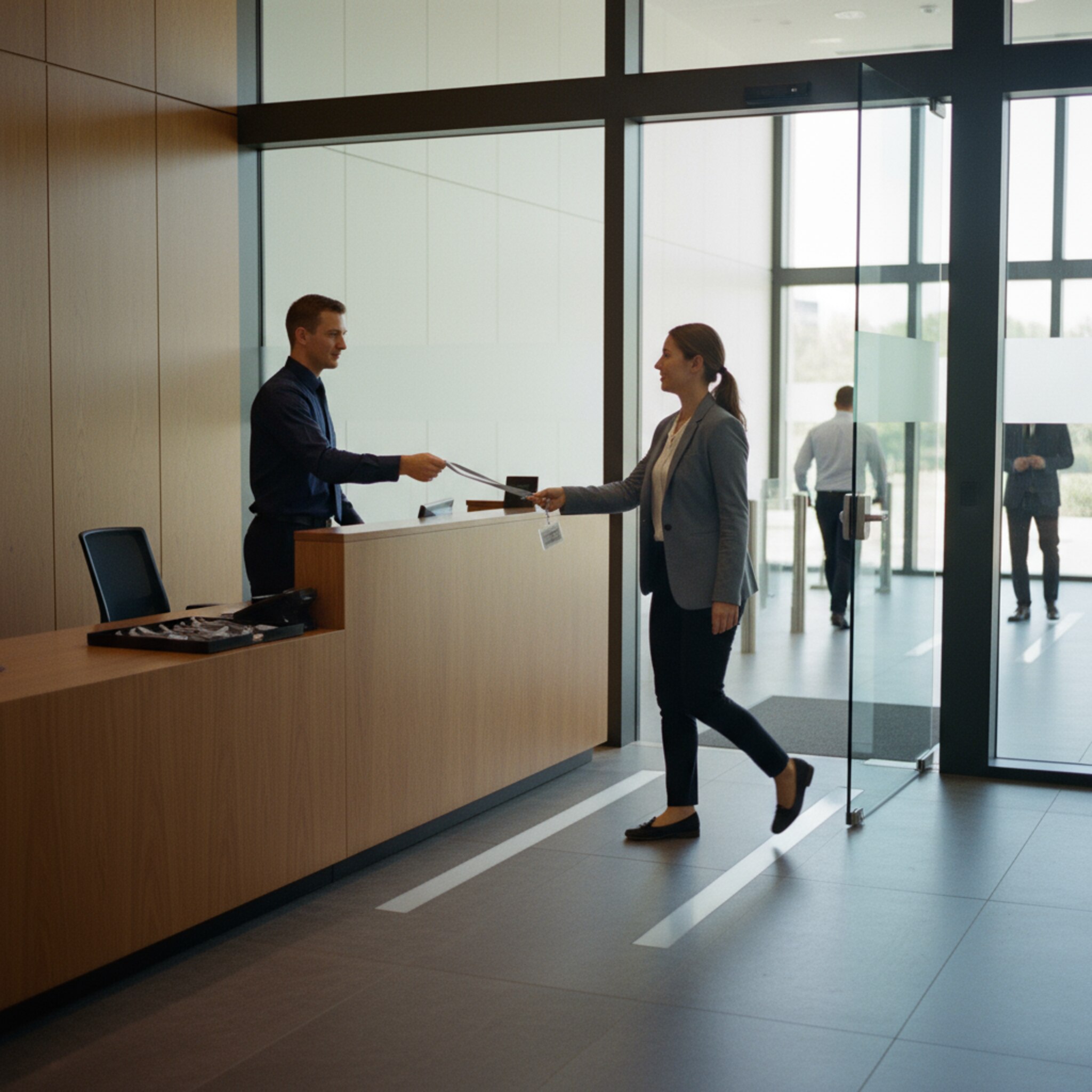 Ein Sicherheitsposten überreicht einem Besucher ein Ausweisband, während eine Glastür leise entriegelt. Ein kurzer Blickwechsel, ein freundliches Nicken, dann geht der Gast zielstrebig weiter. Das Foyer bleibt ruhig und geordnet. Die Szene zeigt reibungslosen, sicheren Zugang.