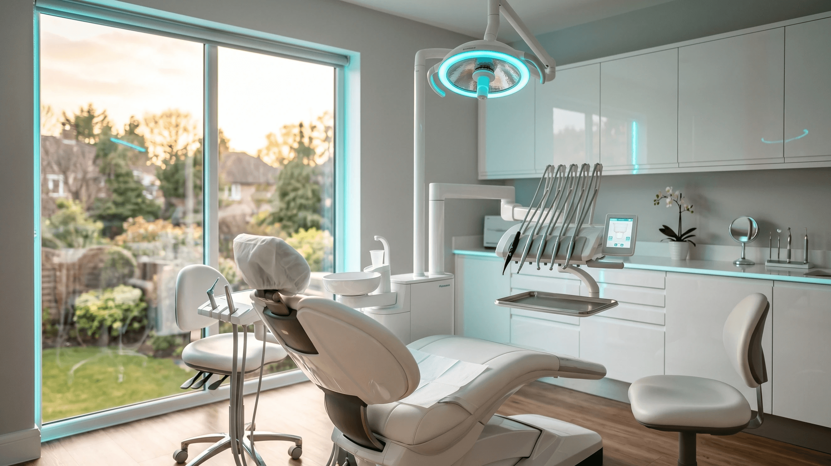 Modern UK private dental treatment room with empty premium chair,            soft cyan accent lighting — represents capacity going unfilled            from missed patient calls.