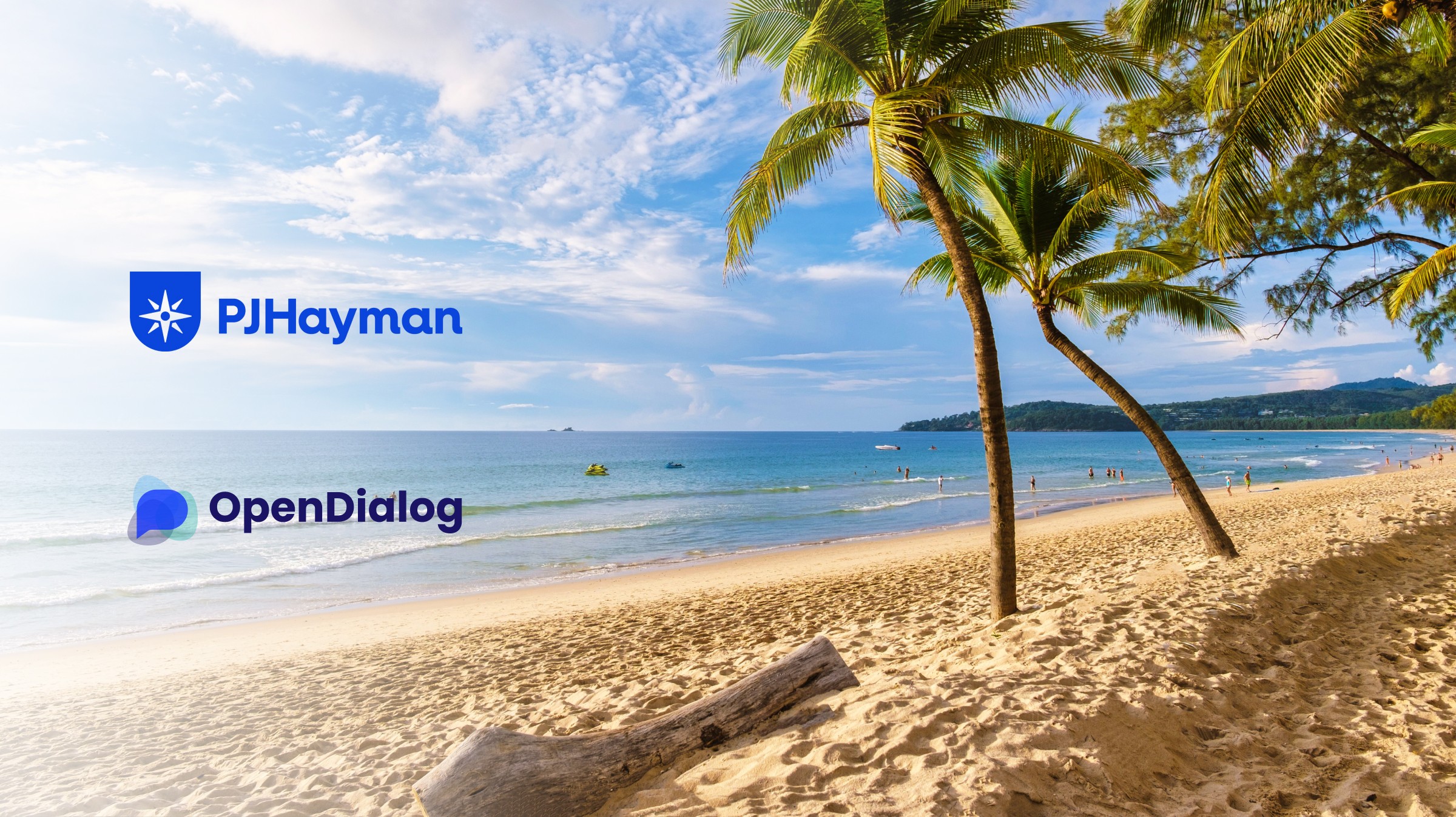 OpenDialog and PJ Haymen partnership logos on a photo of a sunny, sandy beach