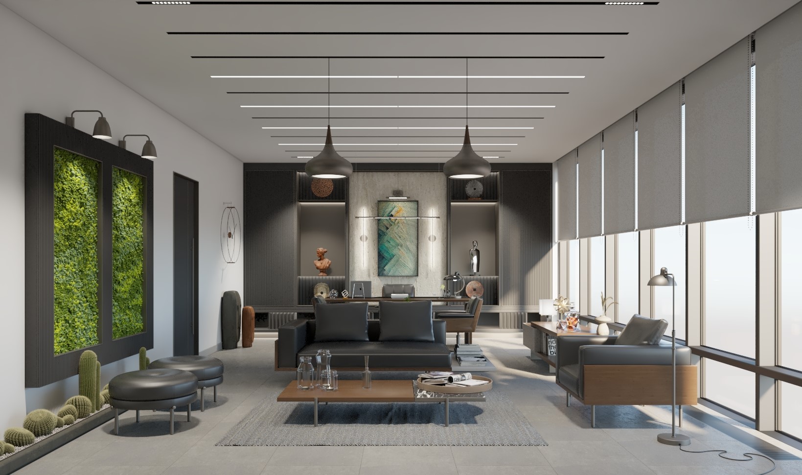 Modern executive office interior design featuring minimalist furniture, natural light, vertical green wall, and elegant decor elements in neutral tones, showcasing a professional and stylish workspace atmosphere.