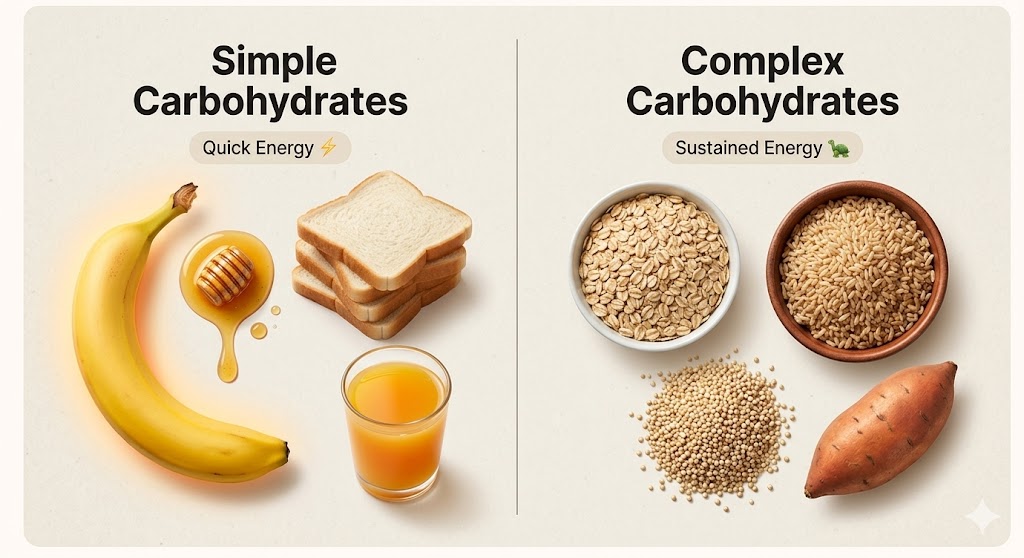 Split-screen comparison of simple versus complex carbohydrates. On the left: simple carbs like banana, honey, white bread, and juice labeled "Quick Energy". On the right: complex carbs like oats, brown rice, quinoa, and sweet potato labeled "Sustained Energy". Minimal text, top-down realistic food photography.