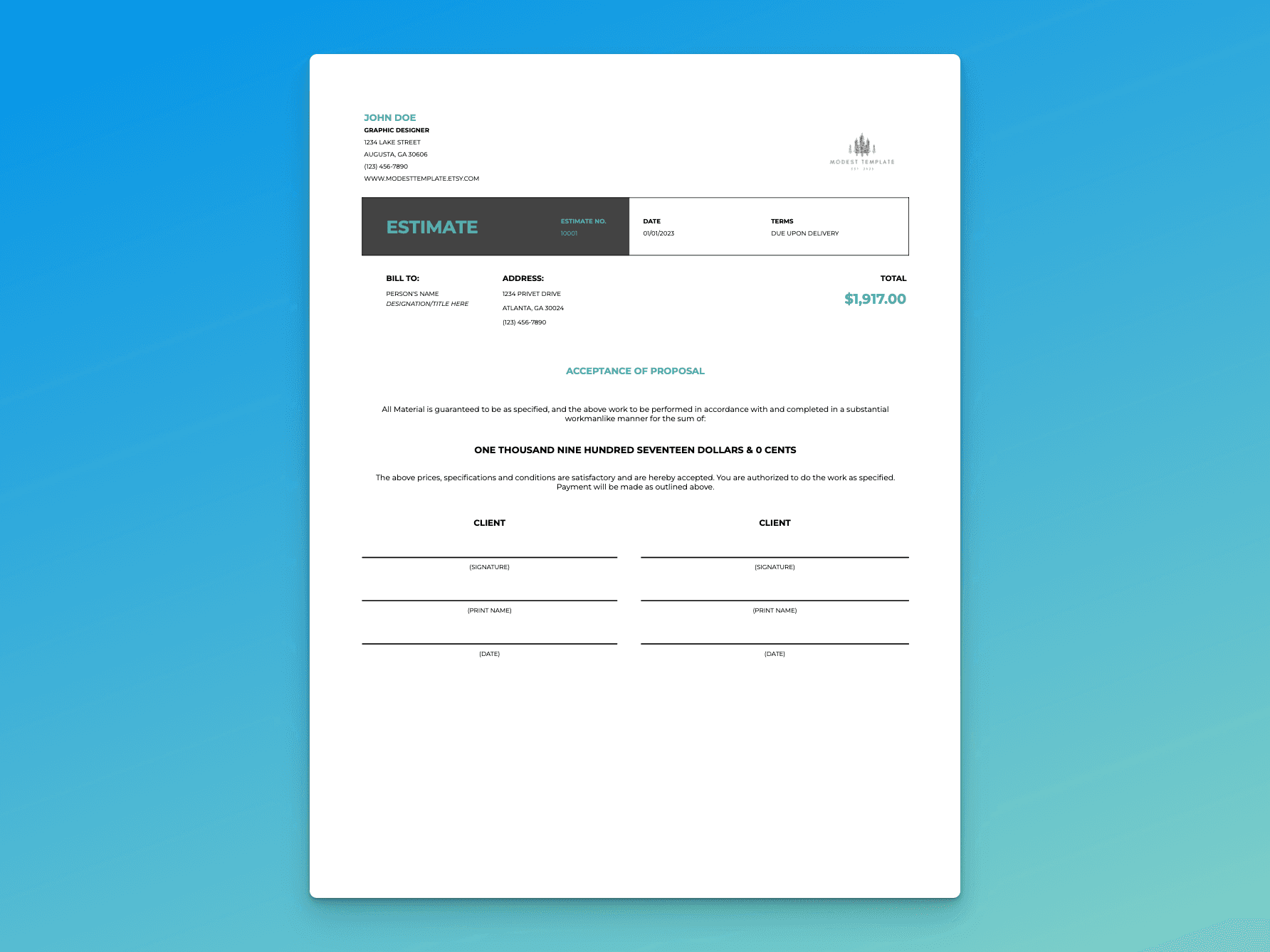 Term Sheet template outlining project acceptance, client and owner signatures, and payment agreement details.