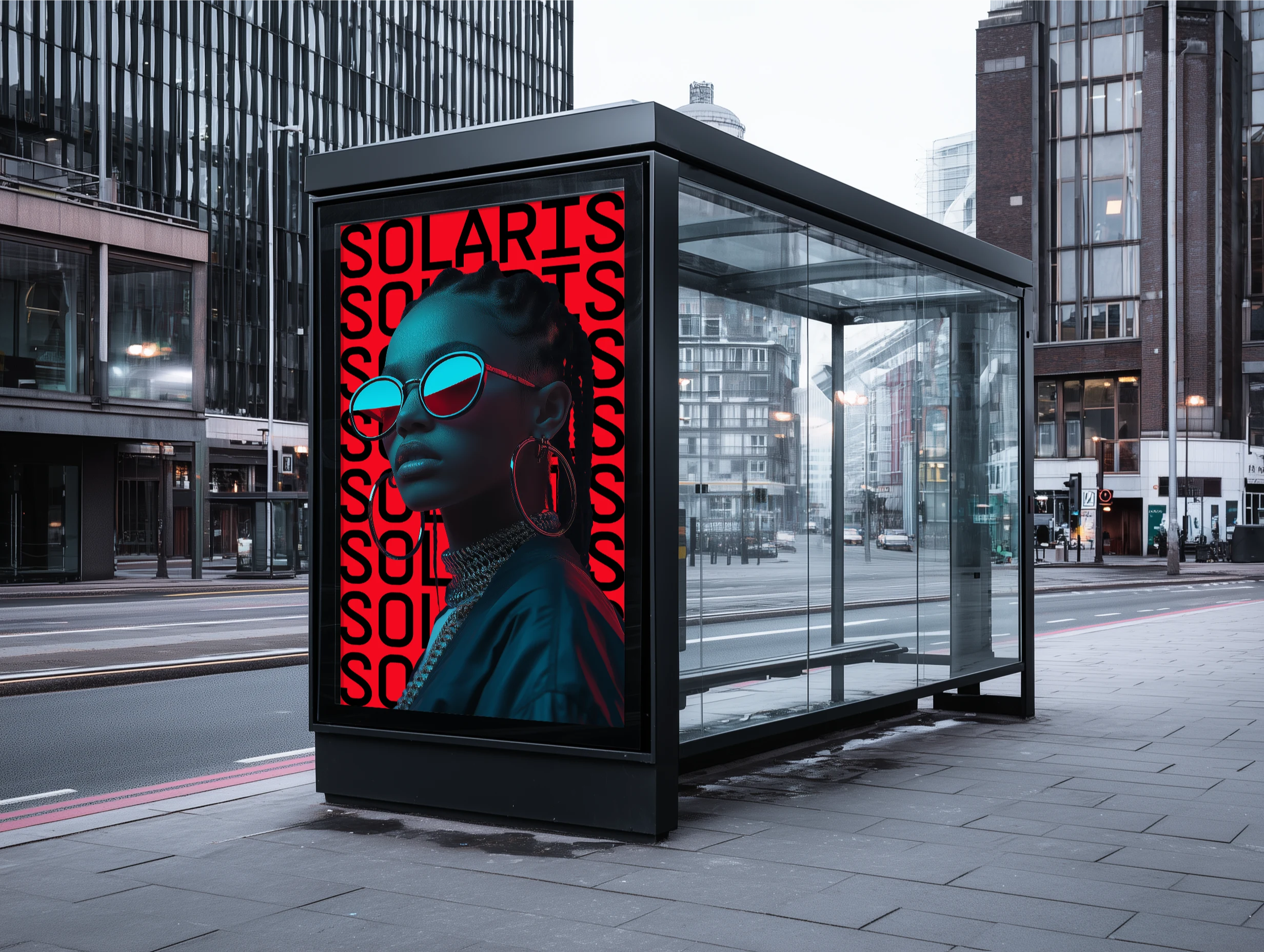 Bus stop advertisement display featuring a fashion poster in an urban street setting