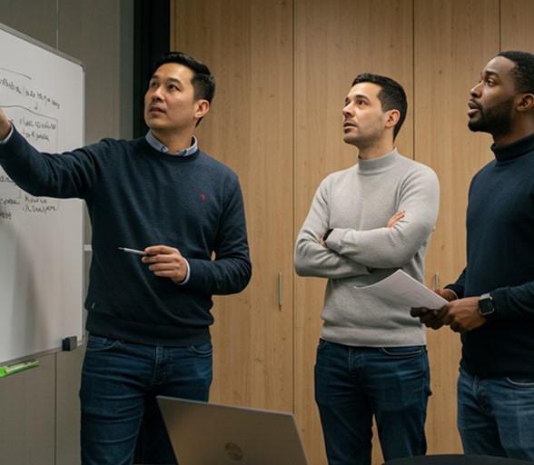 A team of 3 men writing on a whiteboard