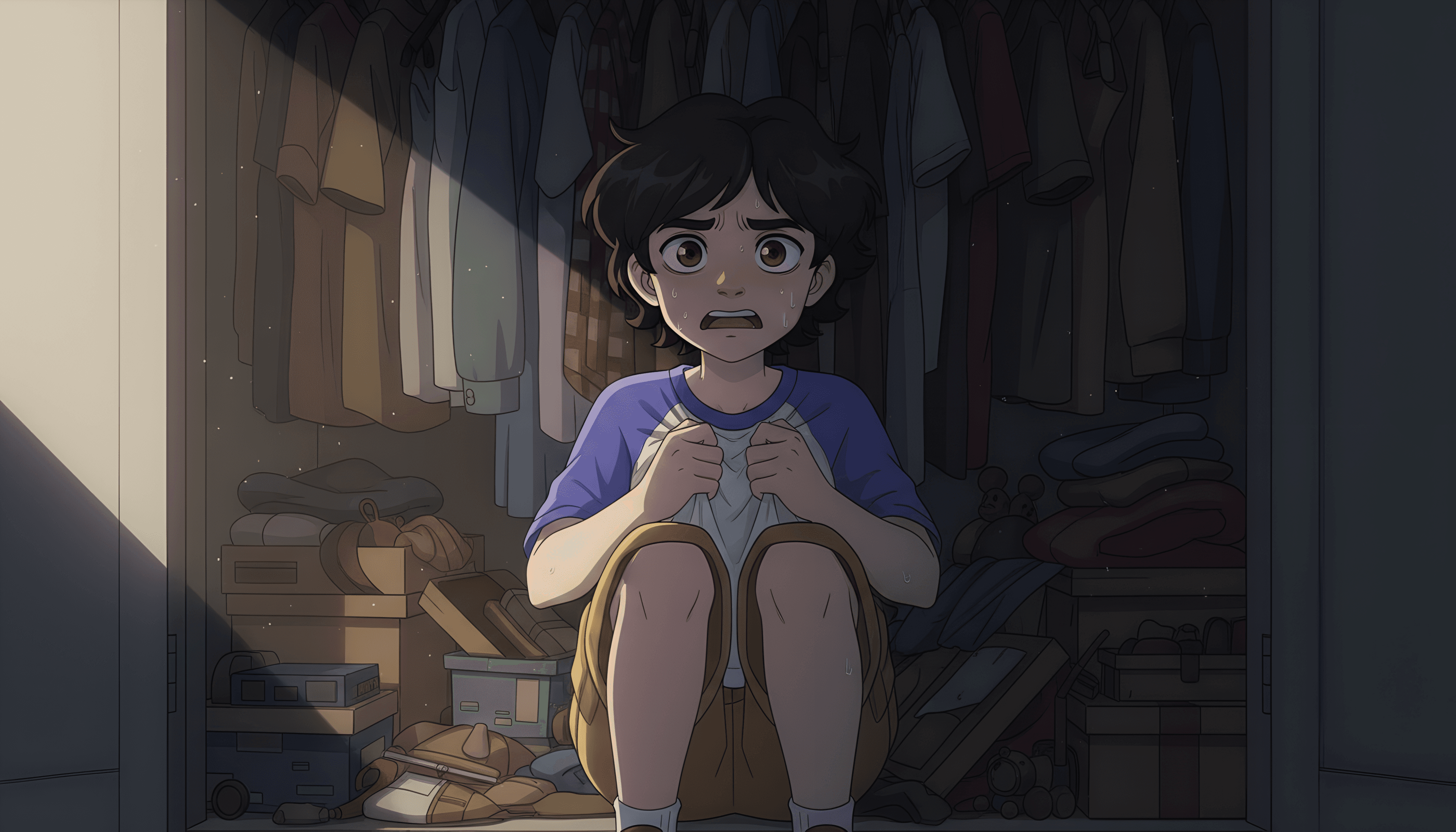 Cartoon child fearful in closet