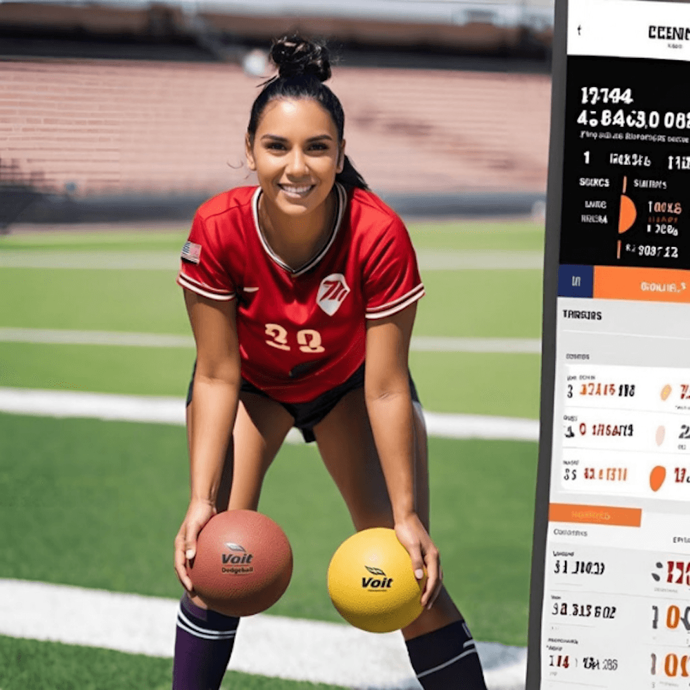 A woman holds a soccer ball displayed on a tablet, symbolizing NexusLive's innovative sports data solutions.