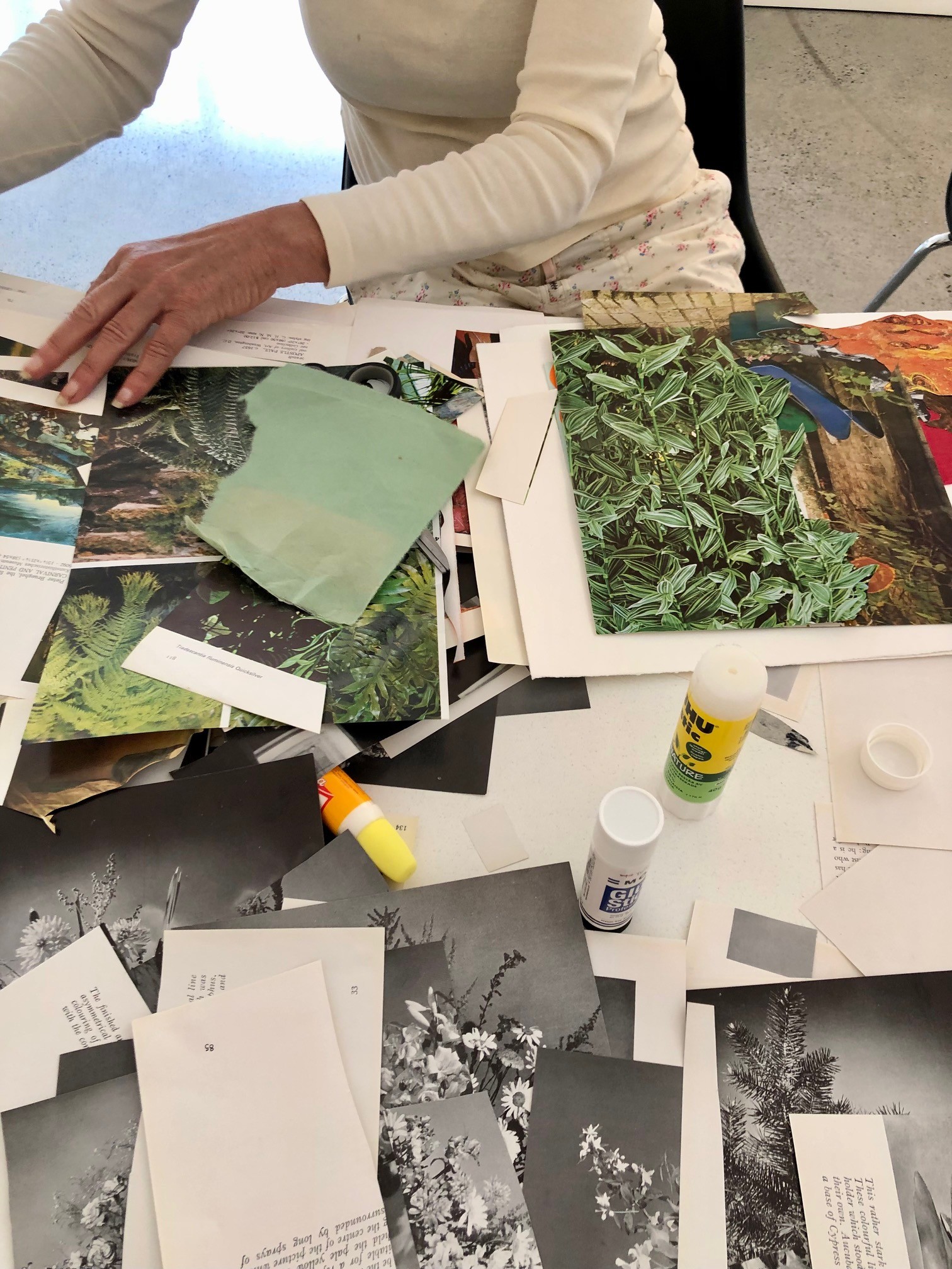 Hands arranging paper cut-outs and photographs on a table