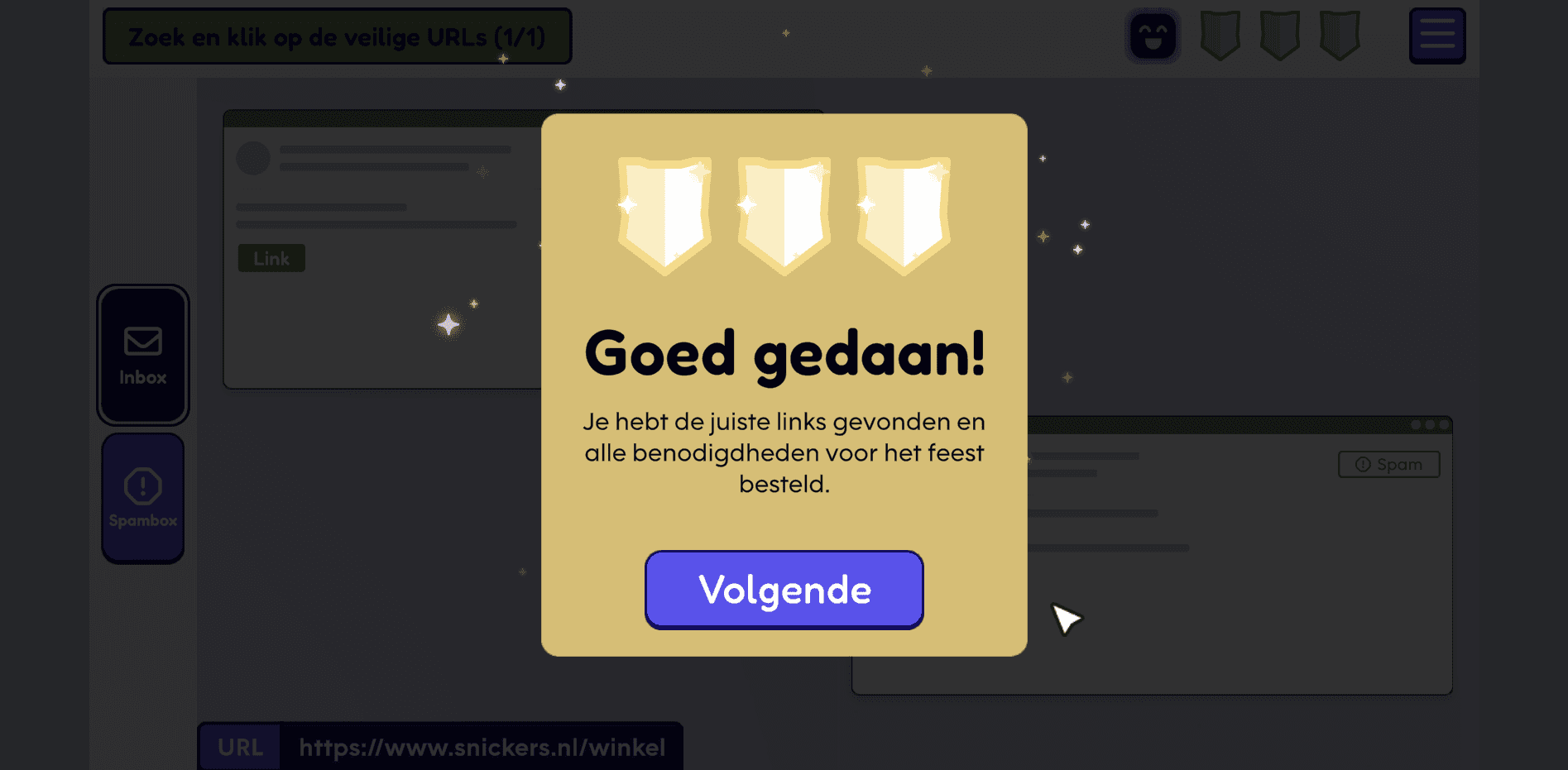 Screenshot uit het spel Clickventure. Modal overlay met perfecte score.