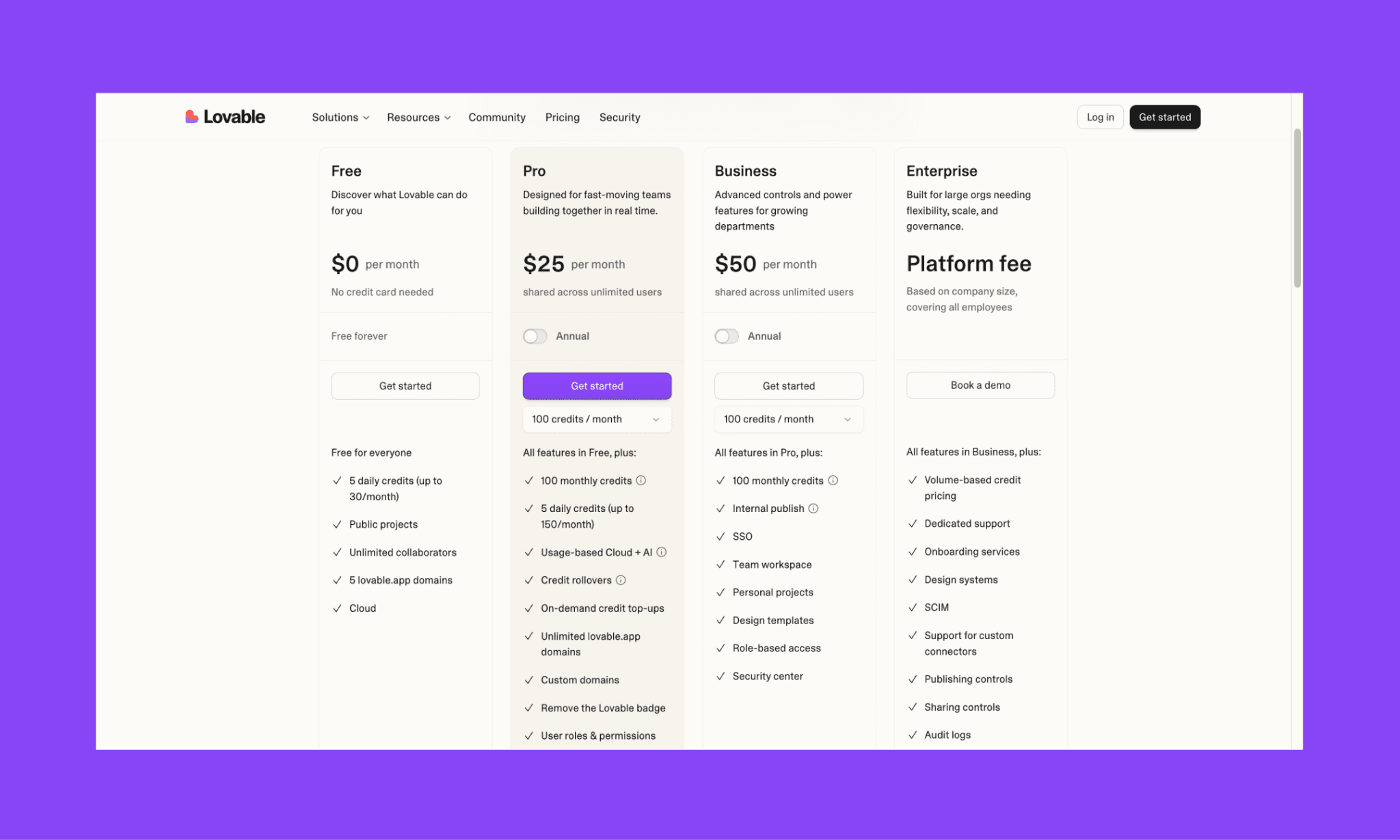 Lovable pricing page including Free, Pro, Business, and Entperise plan costs and features.