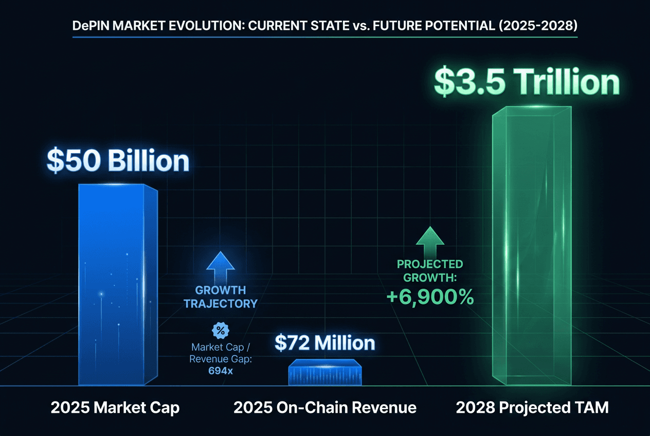 DePIN market analysis chart showing $50B market cap, $72M on-chain revenue, and $3.5T projected 2028 total addressable market for web3 infrastructure.