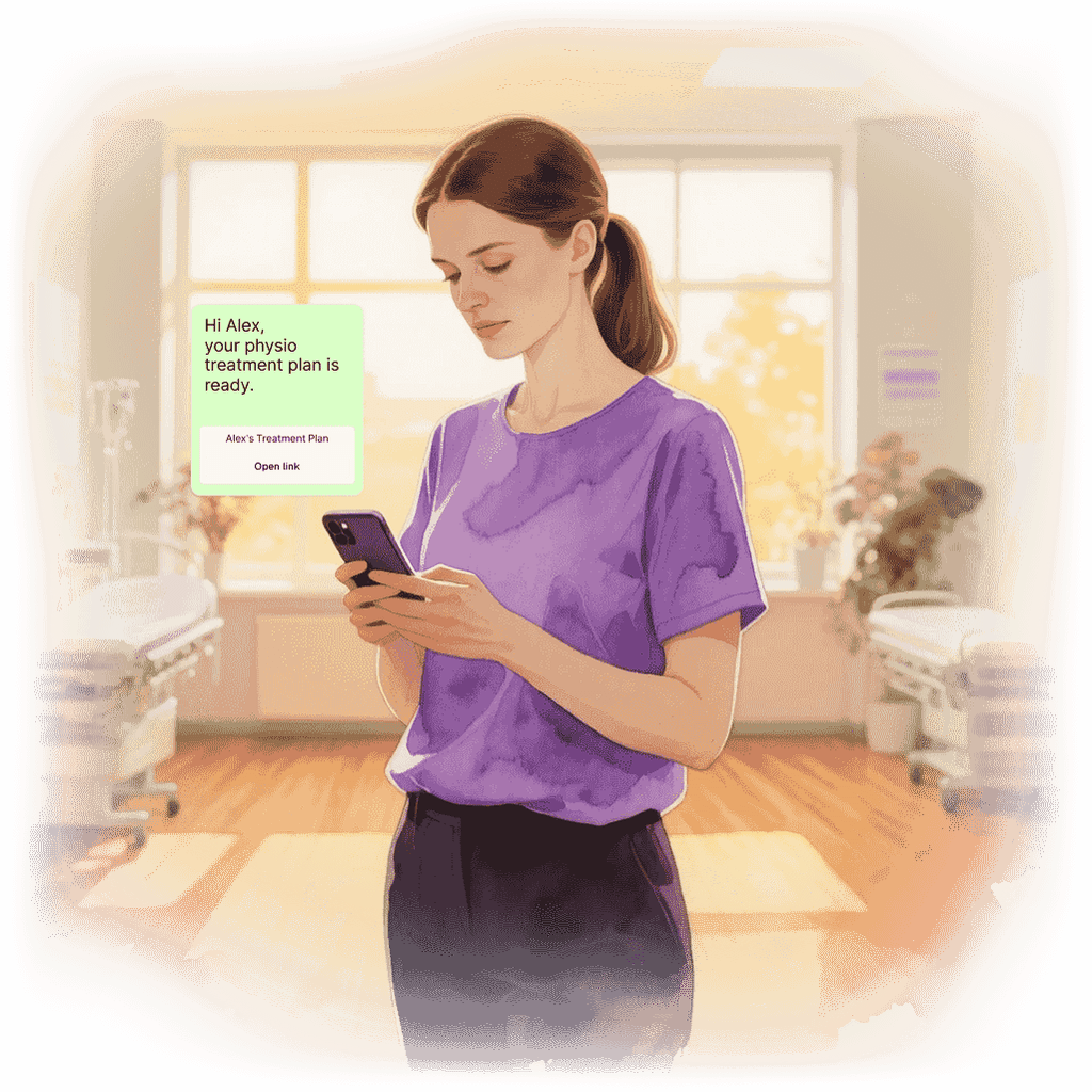 A female patient is looking at her phone message that says her physiotherapy treatment plan is ready