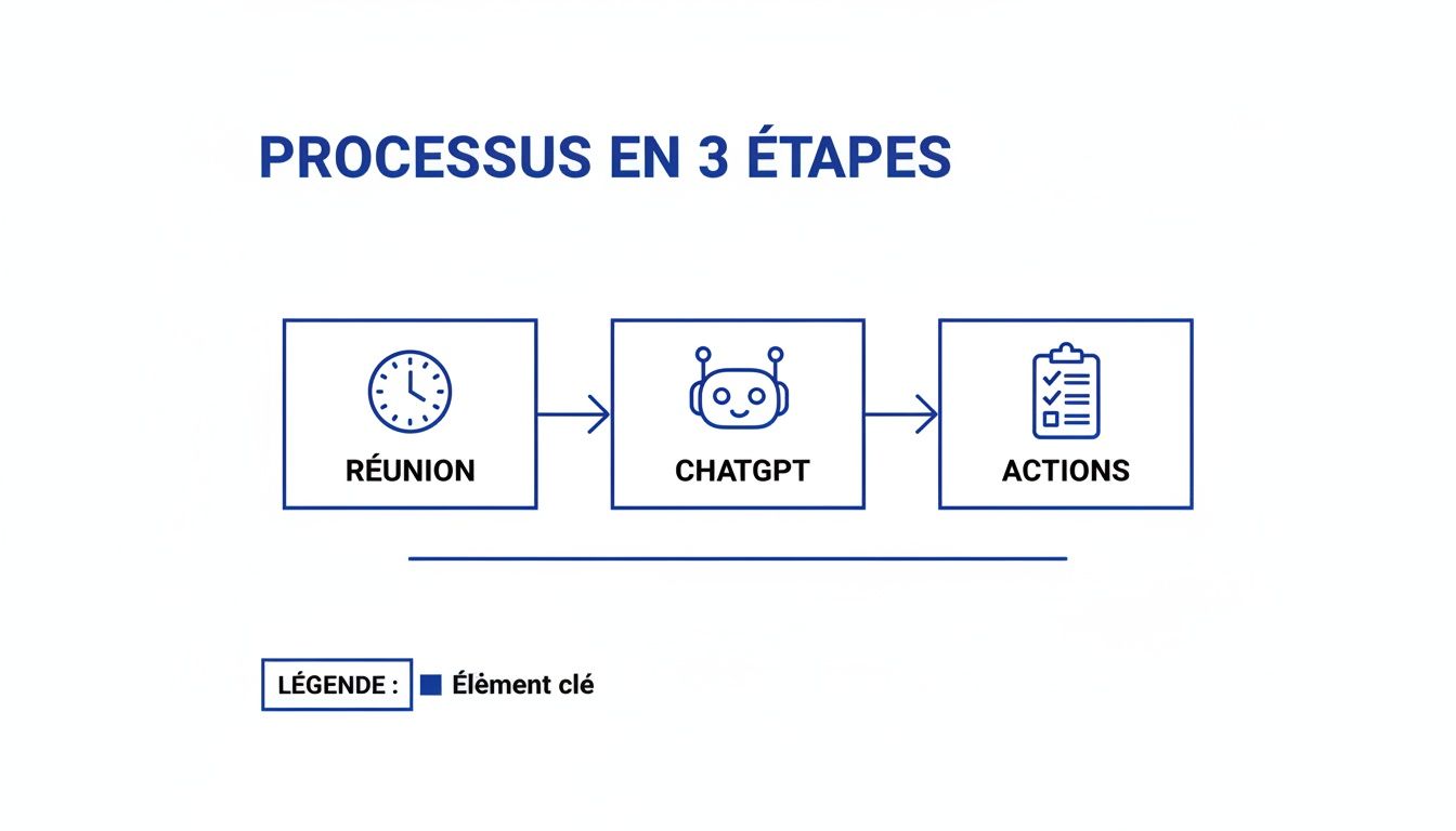 Un diagramme illustrant un processus en 3 étapes : réunion, ChatGPT et actions, avec une légende explicative.