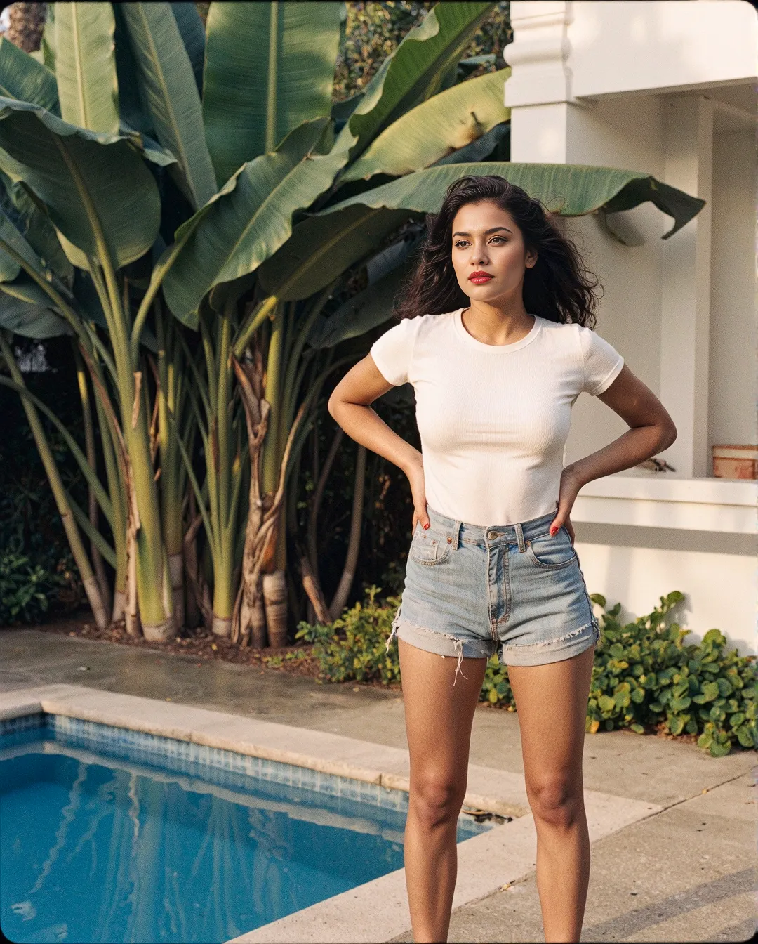 Stylish summer portrait by poolside with tropical banana leaf backdrop, white t-shirt and denim shorts outfit in warm sunlight