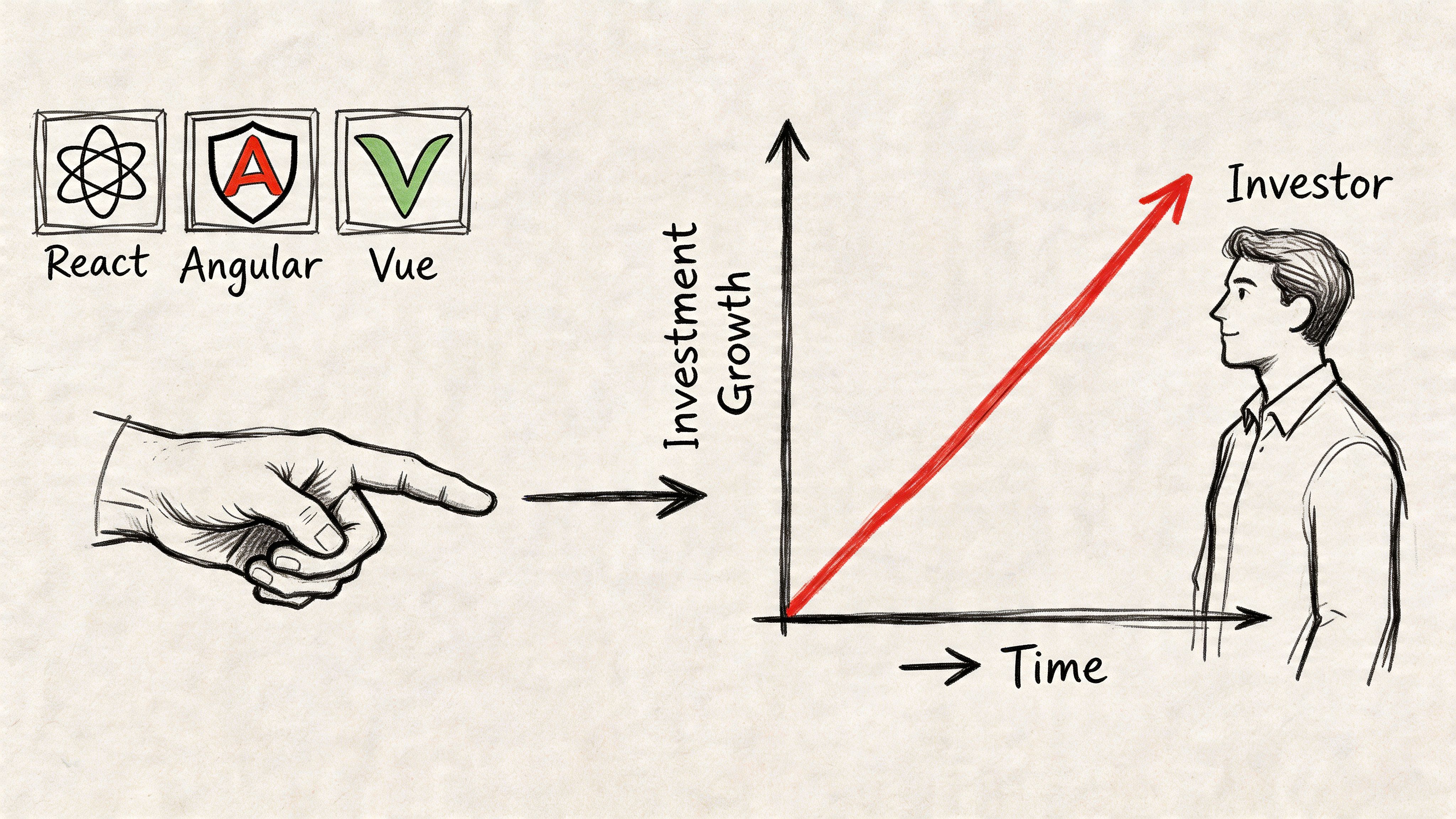 A hand points towards a growth graph representing investment returns for React, Angular, and Vue technology frameworks.