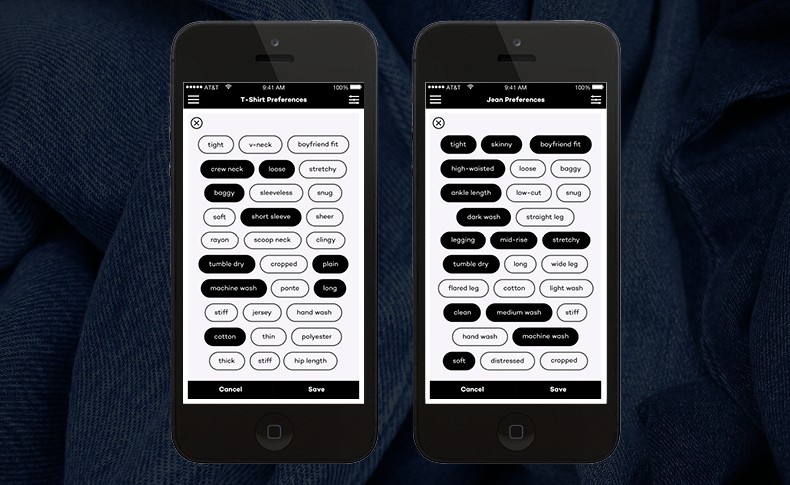 Two smartphones are displayed side by side on a dark blue fabric surface. Both phones show T-Shirt Preferences and Jean Preferences menus on their screens. The left phone displays T-Shirt Preferences, showing various shirt types and sizes with corresponding checkboxes. The right phone displays Jean Preferences, presenting a similar layout of shirt types and sizes. Both phones have black bezels and display the T-Shirt Preferences and Jean Preferences menus on their screens.