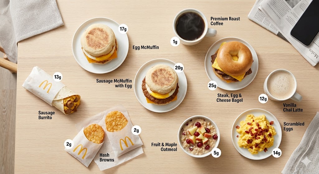 An overhead flat lay photograph of a high-protein McDonald's breakfast menu on a wooden table, with items like Egg McMuffin, Sausage McMuffin with Egg, Sausage Burrito, hash browns, and coffee, each labeled with its protein content in grams.