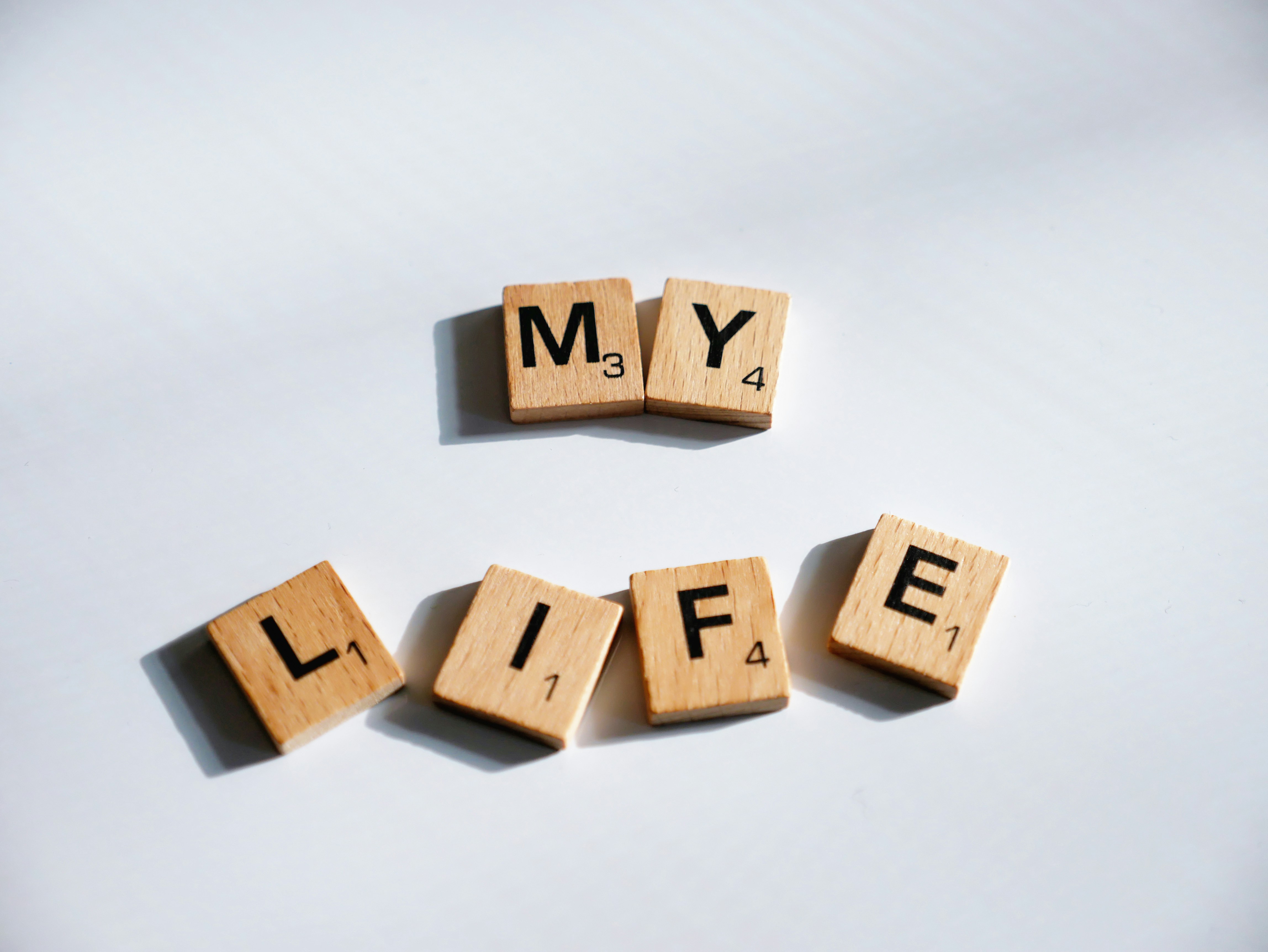 scrabbled wooden blocks spelling the word my life
