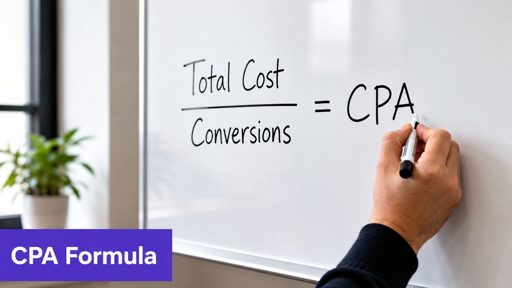 A person writing the Cost Per Acquisition formula on a whiteboard with a black marker.